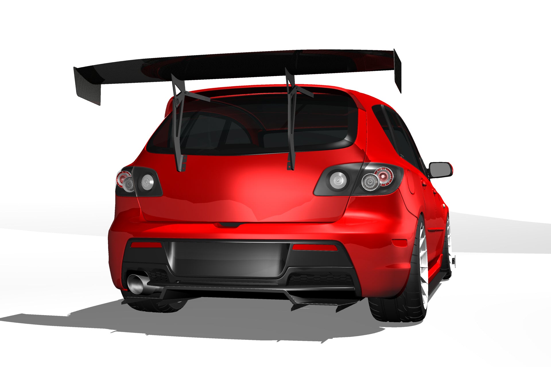 Rear-on 3D render of a red Mazdaspeed3 Gen1 with the Epsilon+ V1+ rear diffuser and GT wing