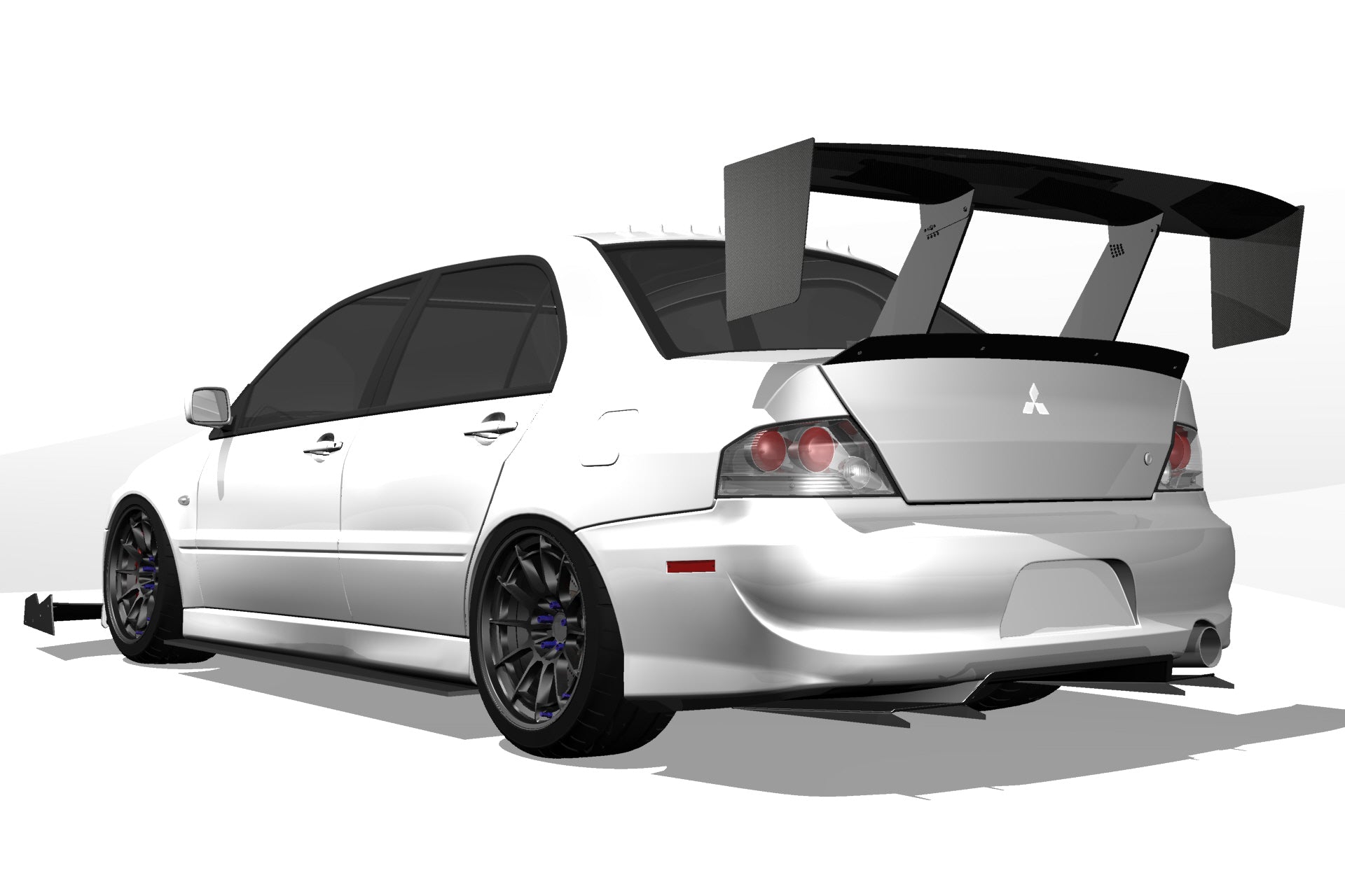 3D render of a white Mitsubishi Evo IX with the Epsilon+ V1+ rear diffuser and GT wing