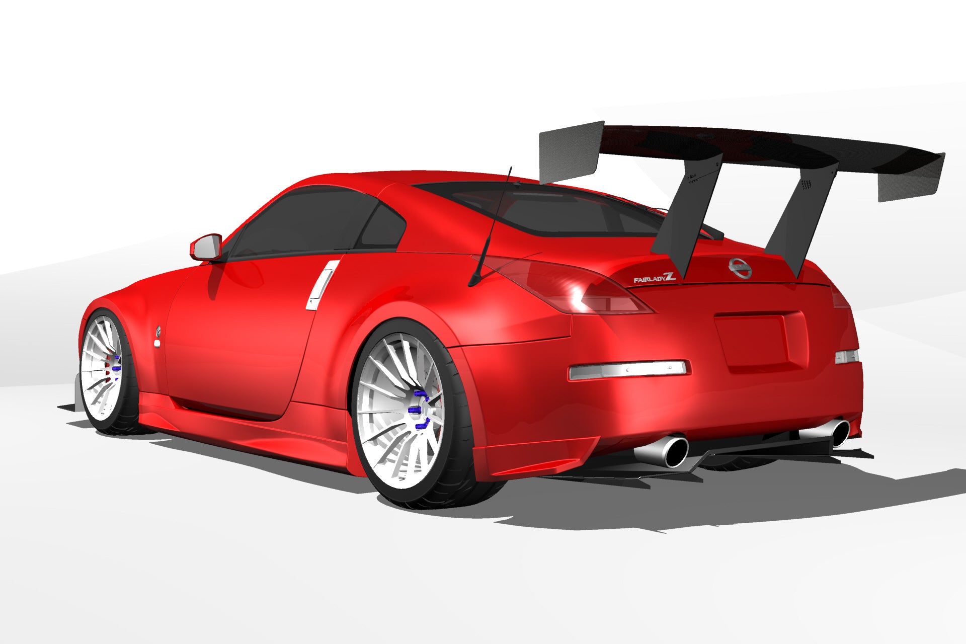 3D render of a red Nissan 350Z Coupe with the Epsilon+ V1+ rear diffuser and GT wing