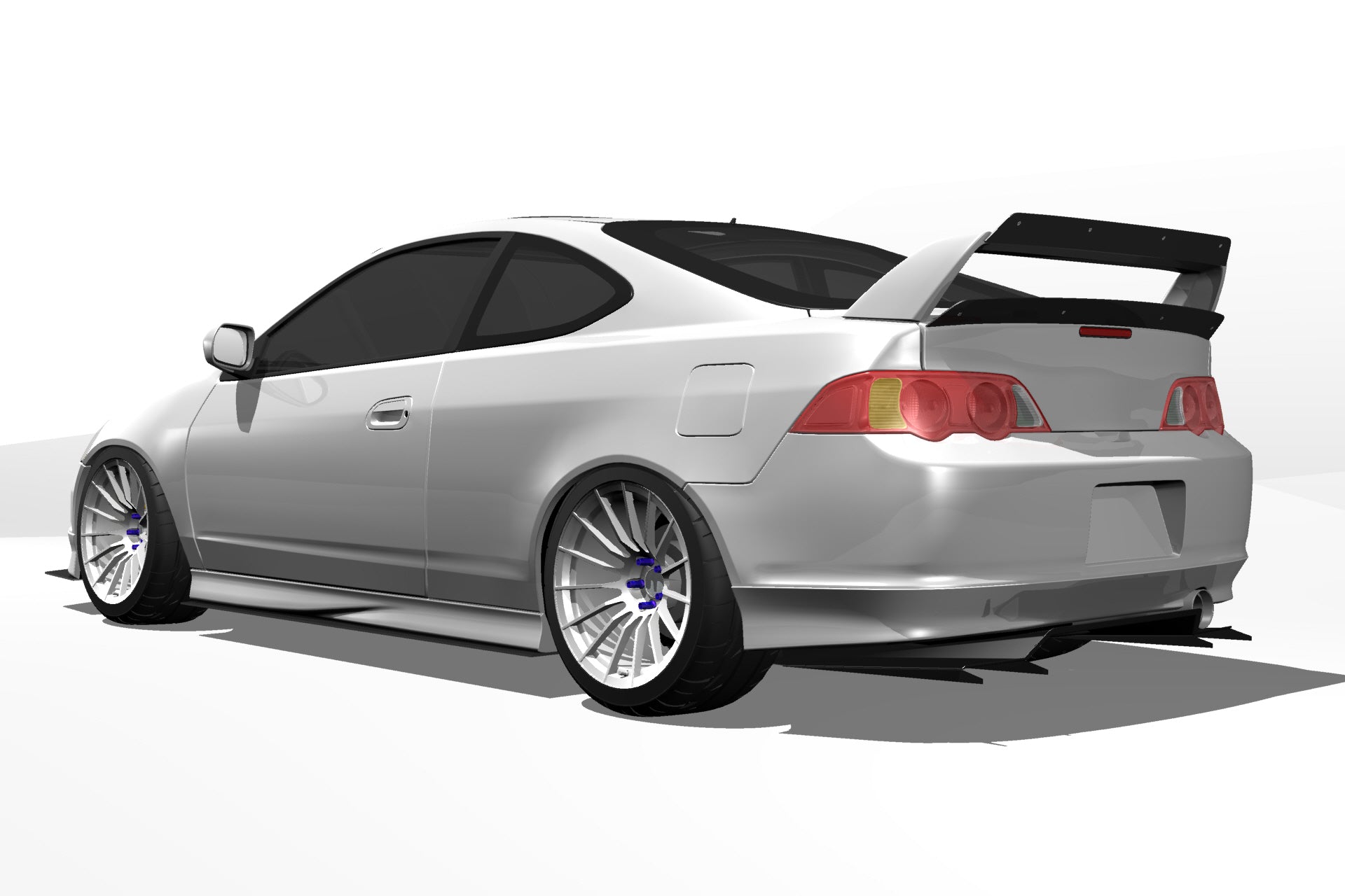 Rear three-quarter render of a silver Acura RSX DC5 showing the V1+ diffuser paired with a low-profile spoiler