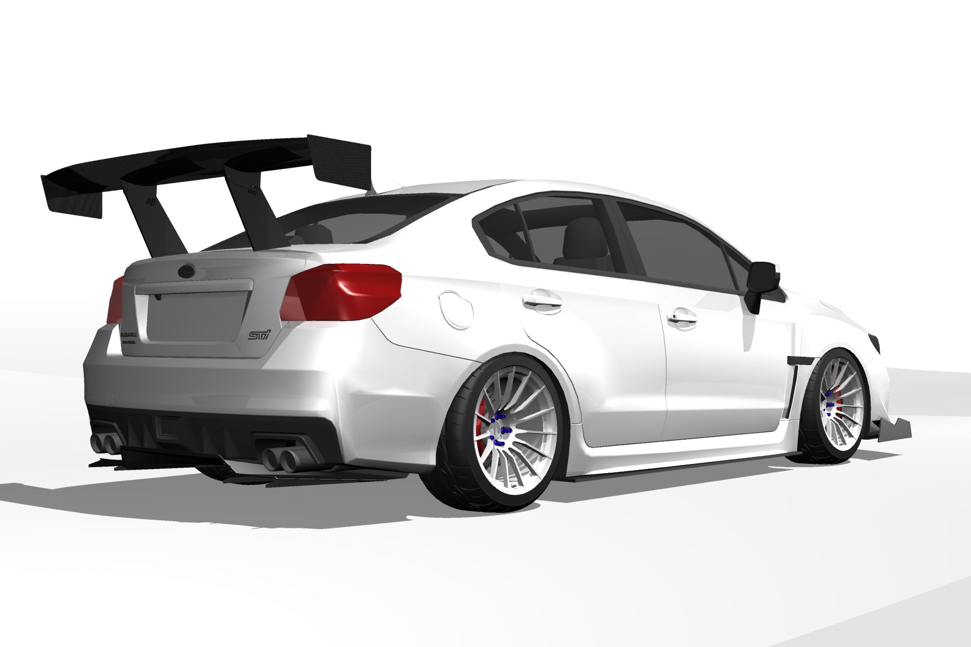 3D render of a white Subaru WRX VA with the Epsilon+ V1+ rear diffuser and GT wing