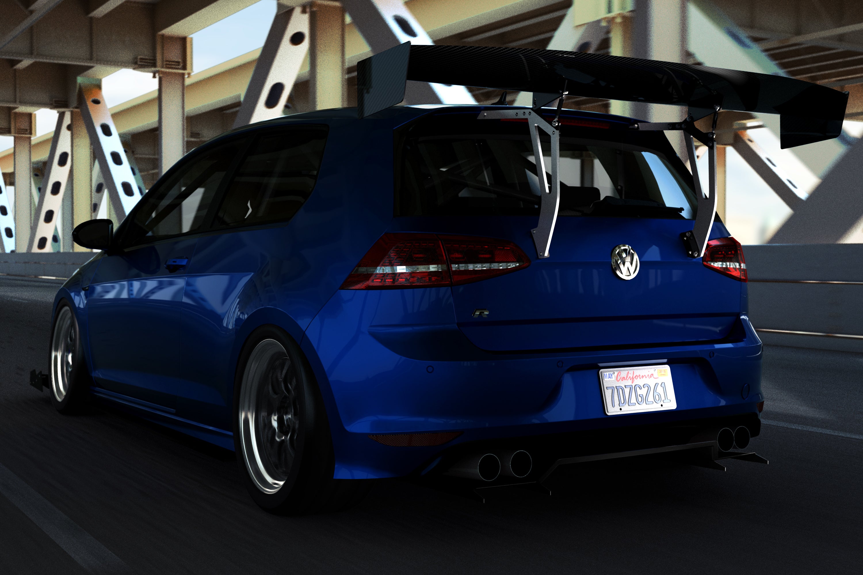 Blue Volkswagen Golf R Mk7 with V1+ rear diffuser and GT wing parked under a bridge