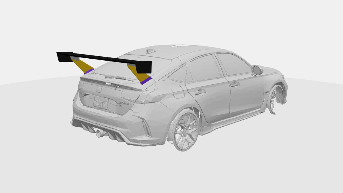 Epsilon+ Wing Configurator 3D view of a Civic Type R FL5 with a bottom-mount wing
