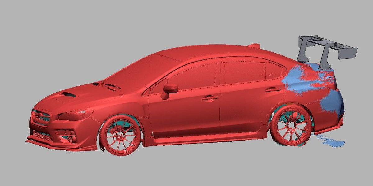 3D scan render of a Subaru WRX / STI (VA) with the swan-mount TC wing, front three-quarter view