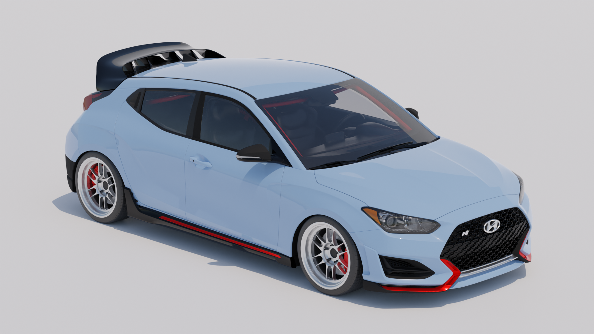 Close-up of the WRC Wing V2 with third brake light cover and Epsilon+ branding on a blue Veloster N