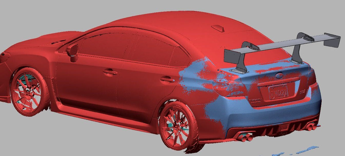 3D scan render of a Subaru WRX / STI (VA) with the swan-mount TC wing, rear three-quarter view