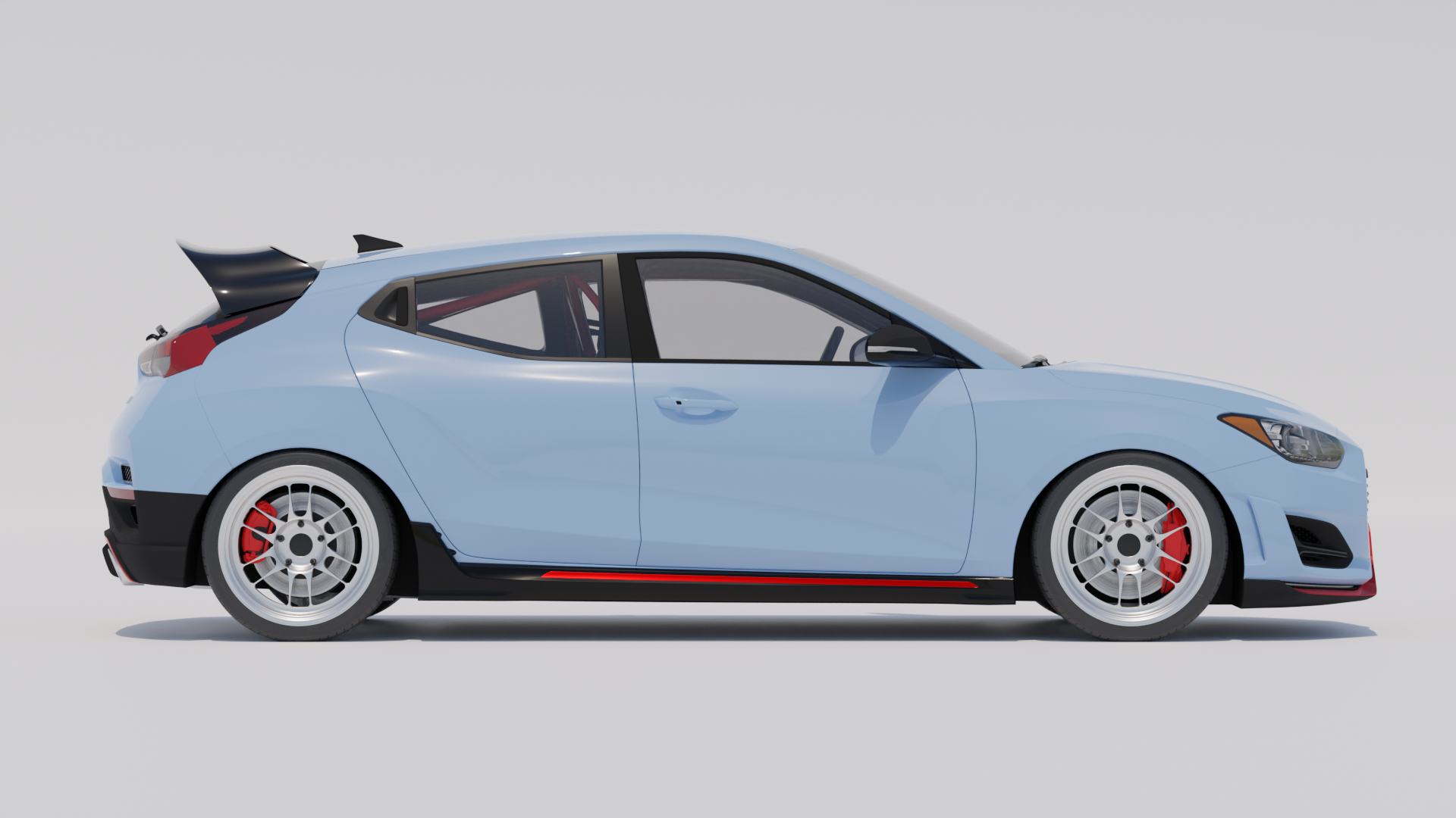 Side 3D render of a light blue Veloster N with WRC Wing V2 fitment