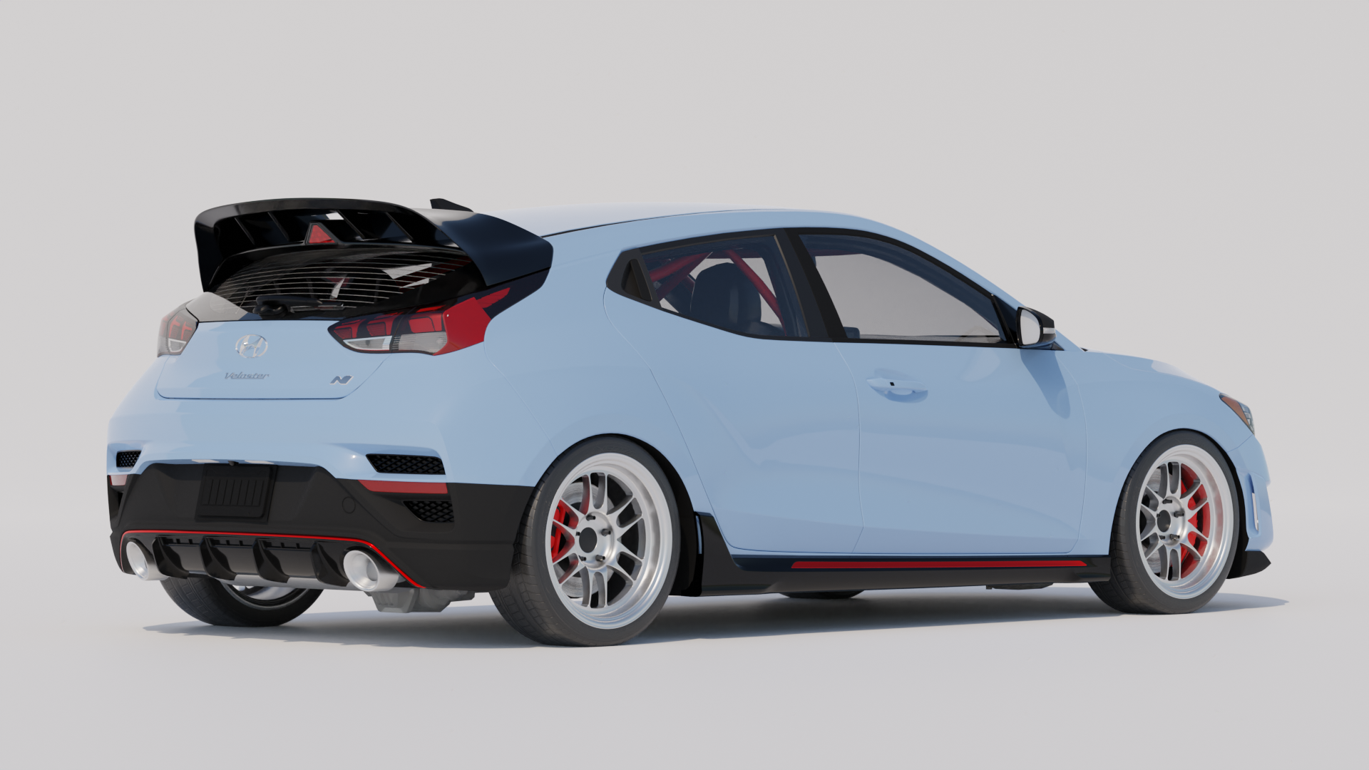 Rear three-quarter 3D render of a light blue Veloster N with WRC Wing V2 and diffuser