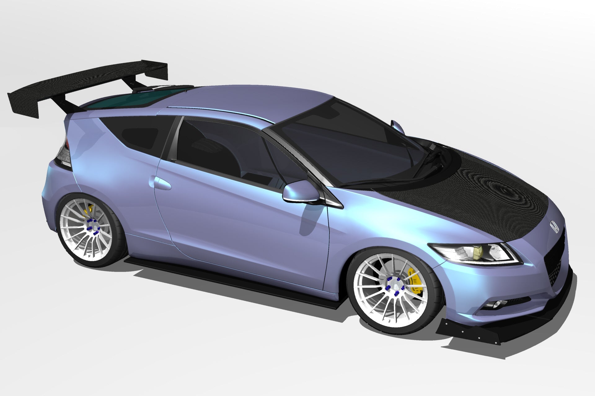 Front three-quarter 3D render of a blue Honda CR-Z with GT wing fitment