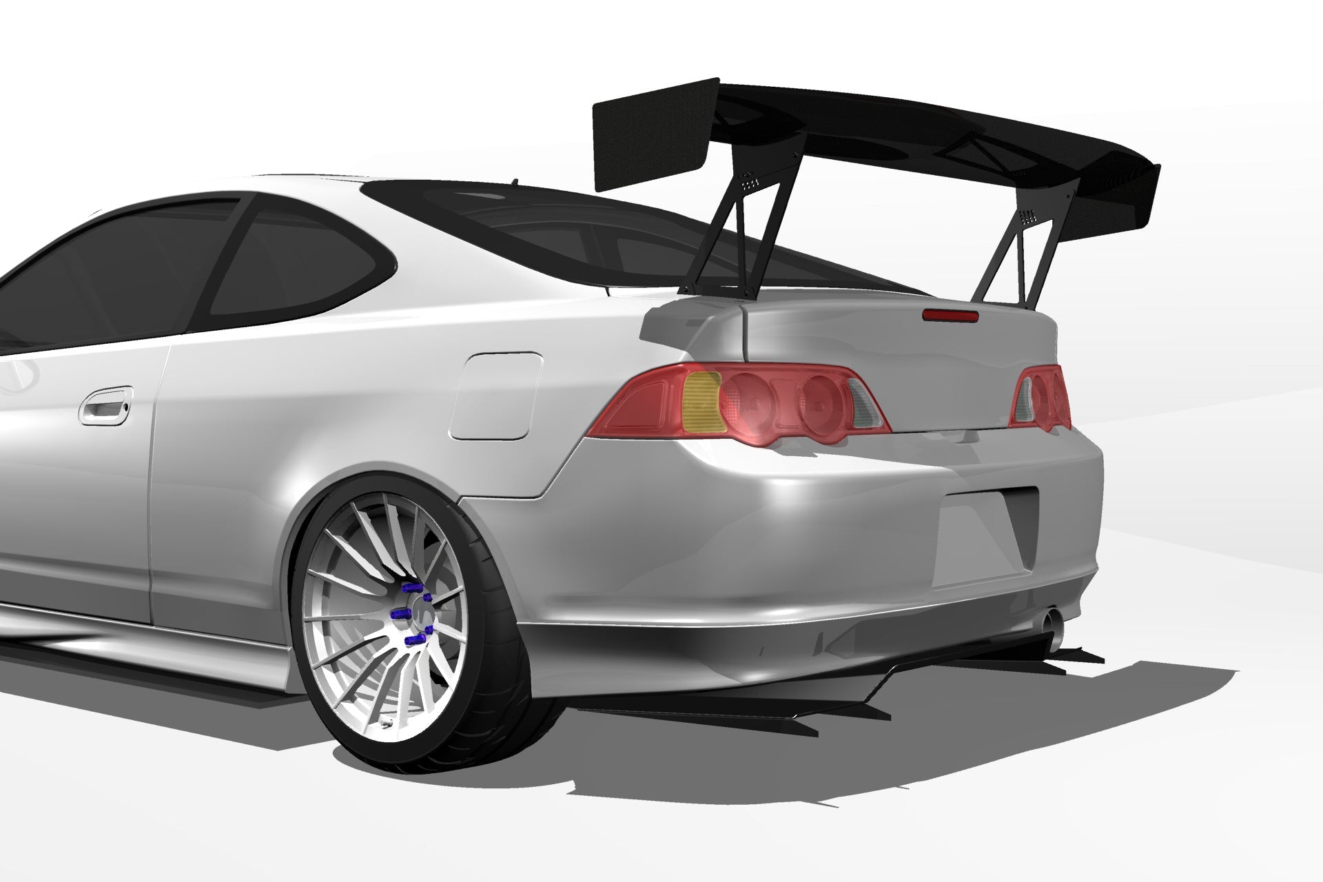 Rear three-quarter 3D render of a silver RSX with GT wing fitment