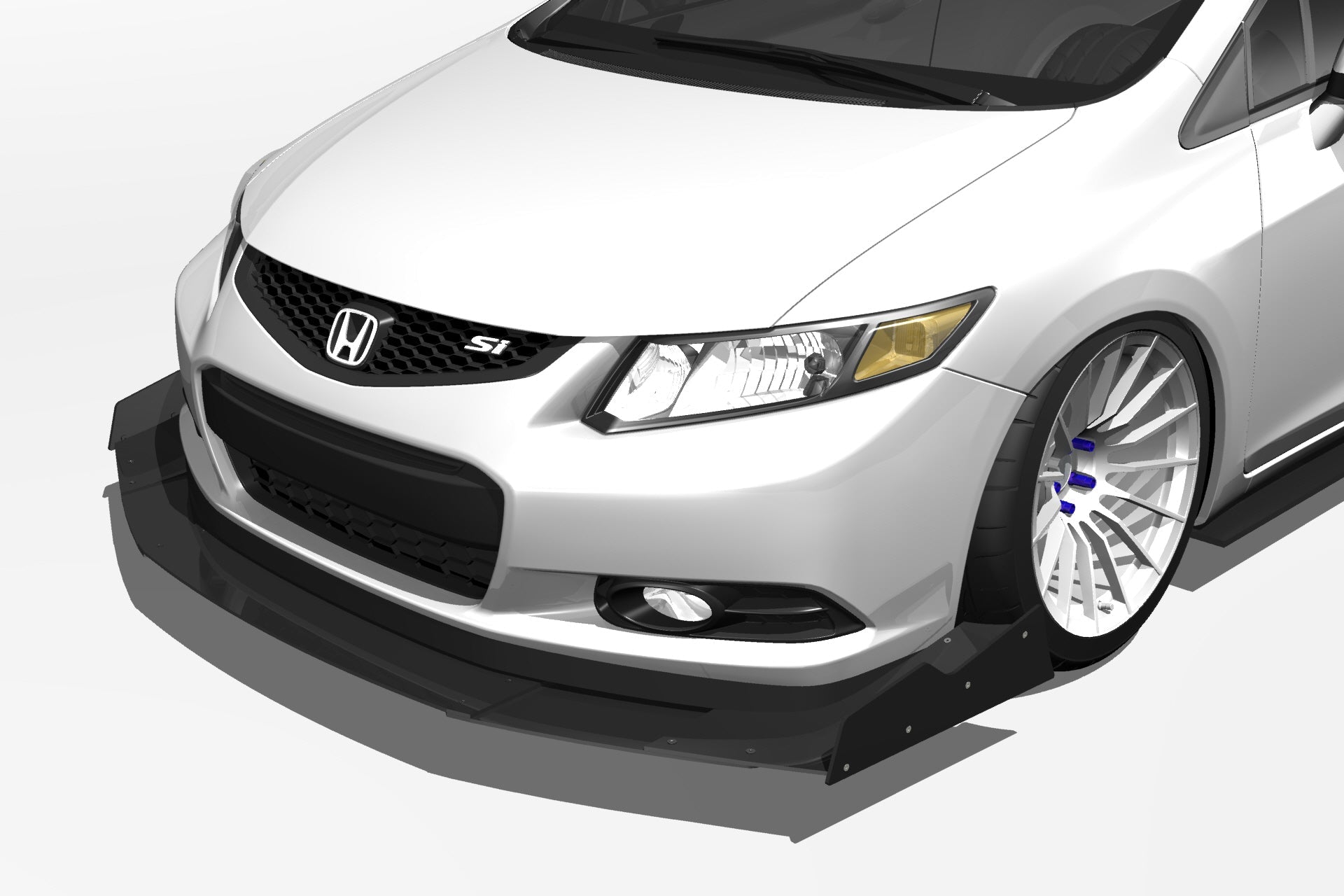 Rendering of a white Civic Si Coupe Zenki showing front splitter fitment on stanced wheels