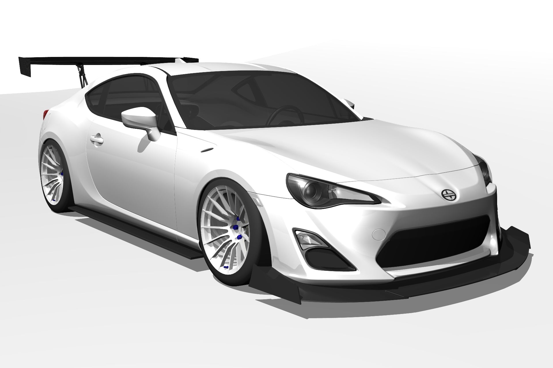 Front three-quarter 3D render of a white FRS/BRZ with GT wing fitment
