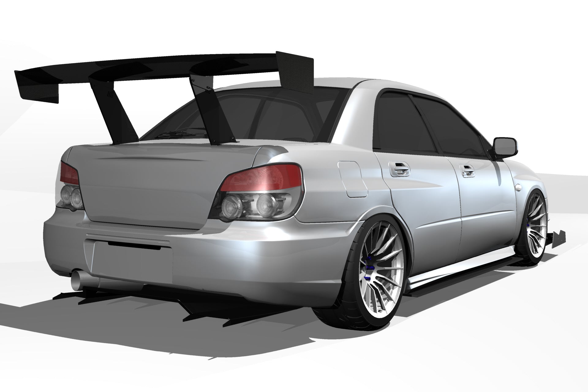 Rear three-quarter 3D render of a silver Subaru Impreza GD with GT wing fitment