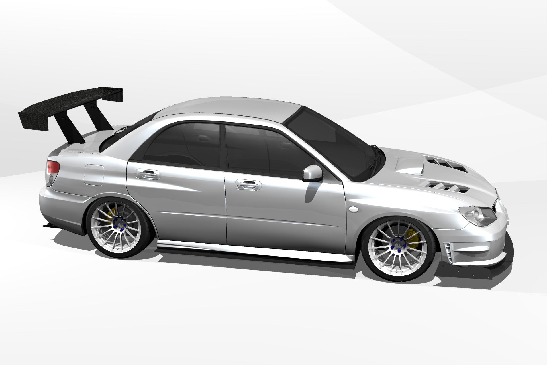 Front three-quarter 3D render of a silver Subaru Impreza GD with GT wing fitment