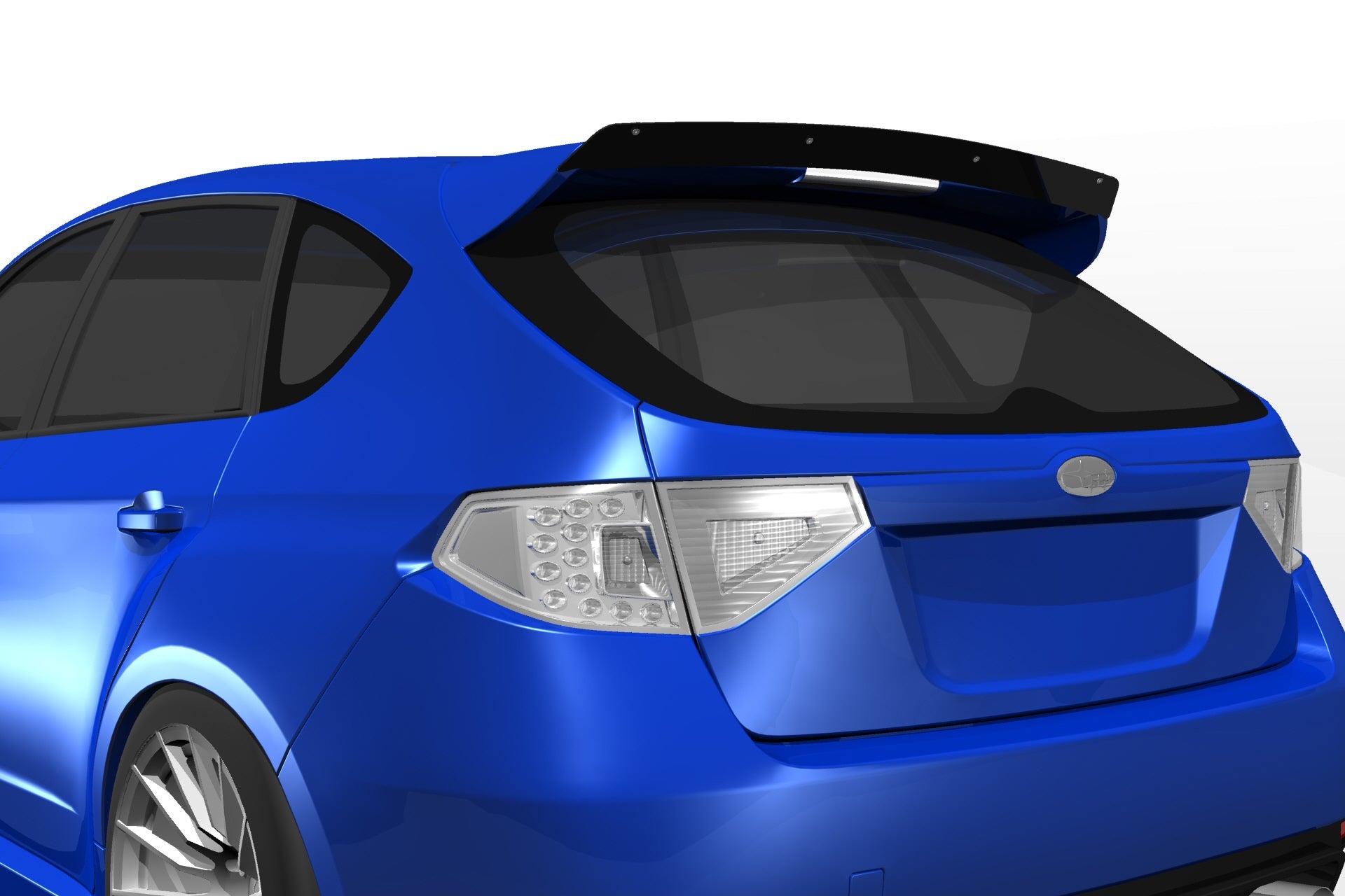 Blue Subaru STI Hatchback with spoiler extension, rear three-quarter render