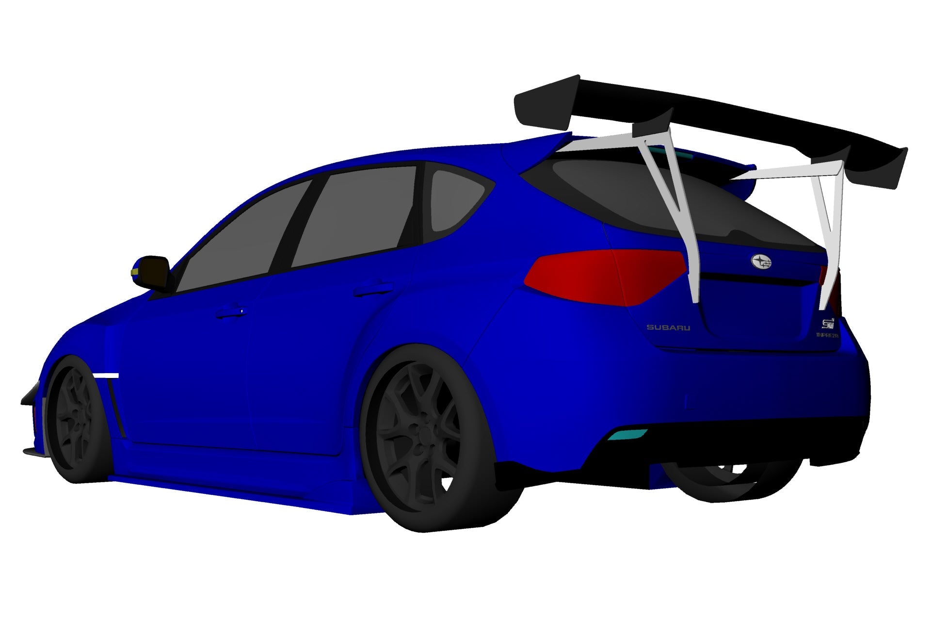 Side 3D render of a blue Impreza Hatchback GR showing the GT wing profile