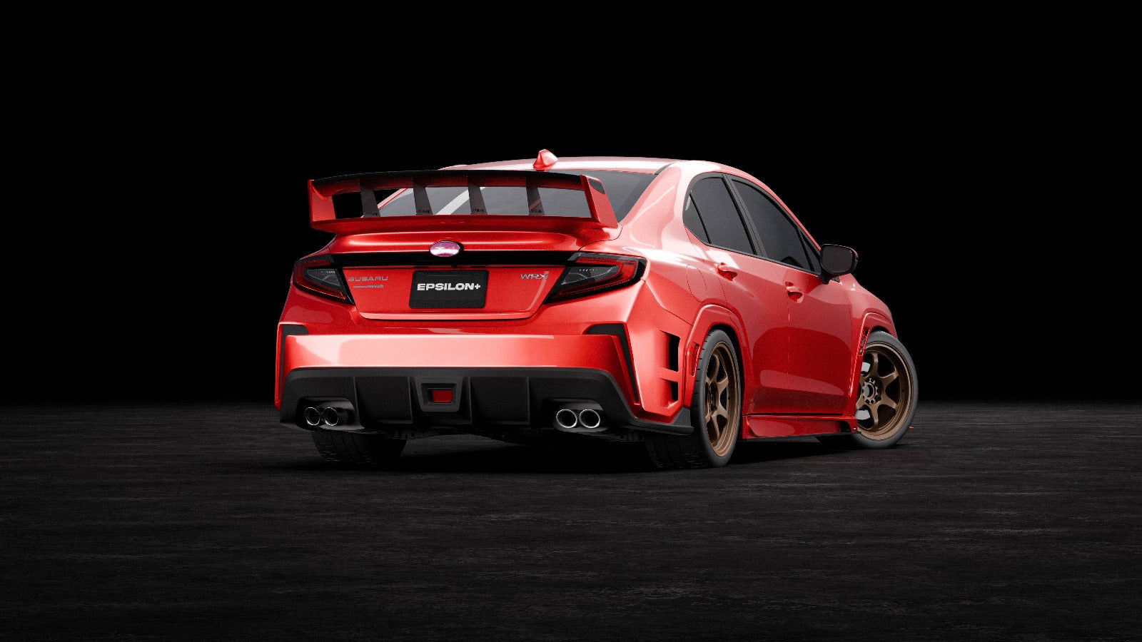 Rear three-quarter studio render of a red Subaru WRX VB with the rear bumper