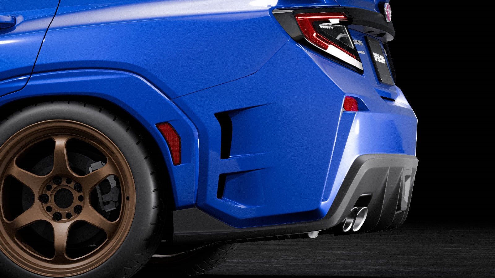 Close-up of the rear bumper vents and quarter panel on a blue Subaru WRX VB