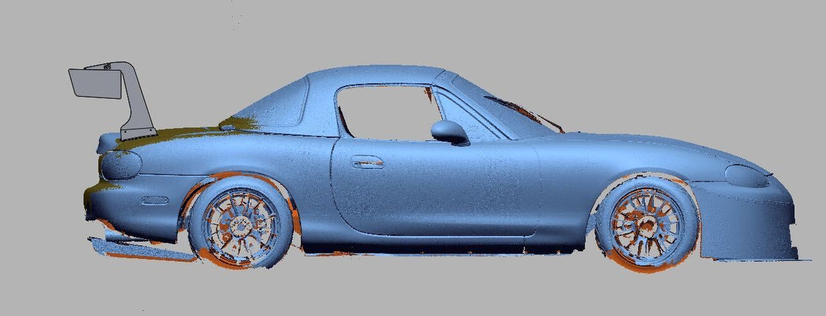 3D scan render of a Mazda Miata NB with the TC wing, passenger-side profile
