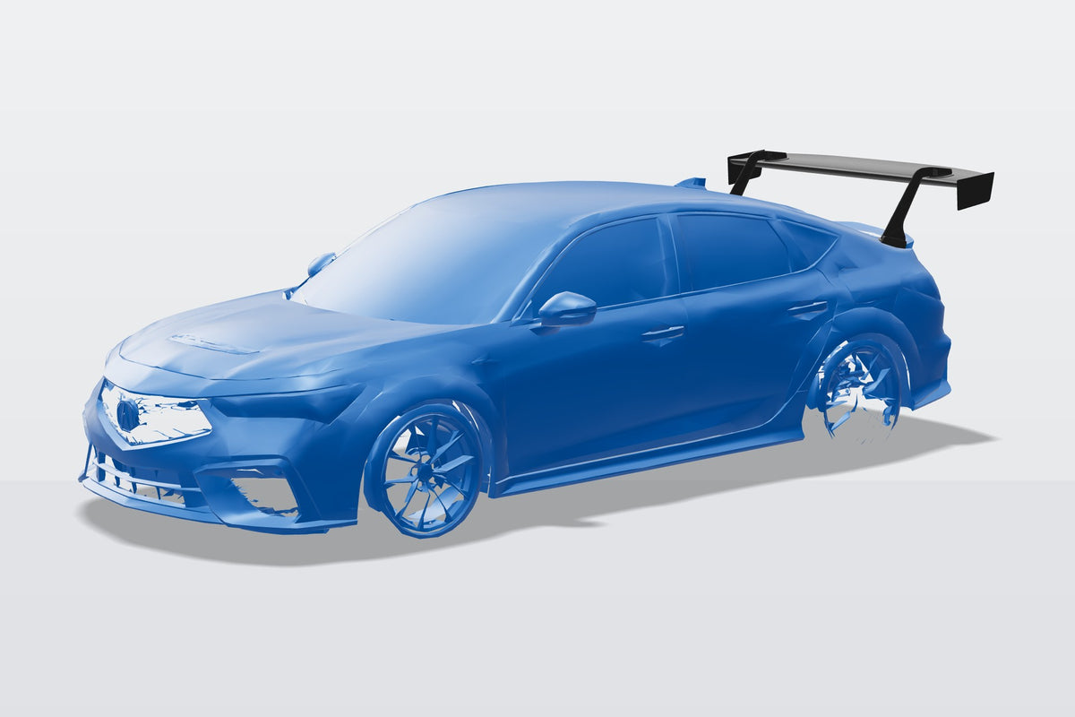 Front three-quarter 3D render of a blue Acura Integra Type S DE5 with GT wing fitment