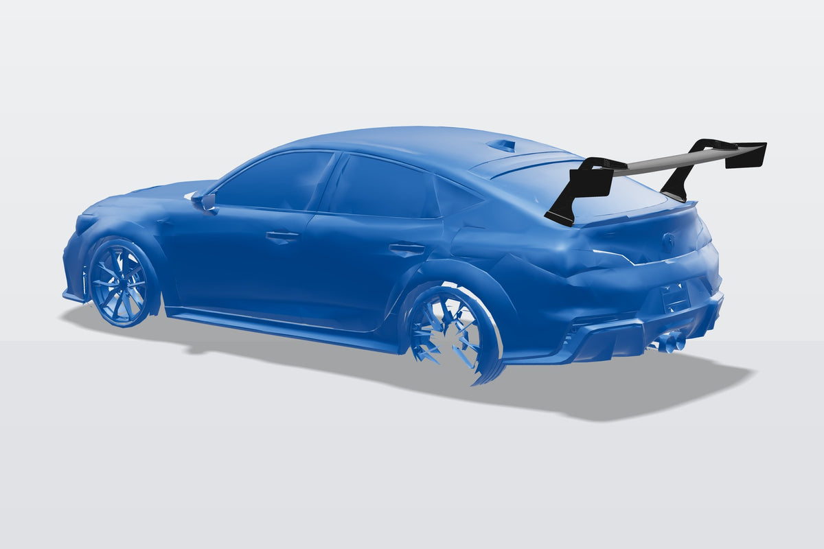 Rear three-quarter 3D render of a blue Acura Integra Type S DE5 with GT wing fitment