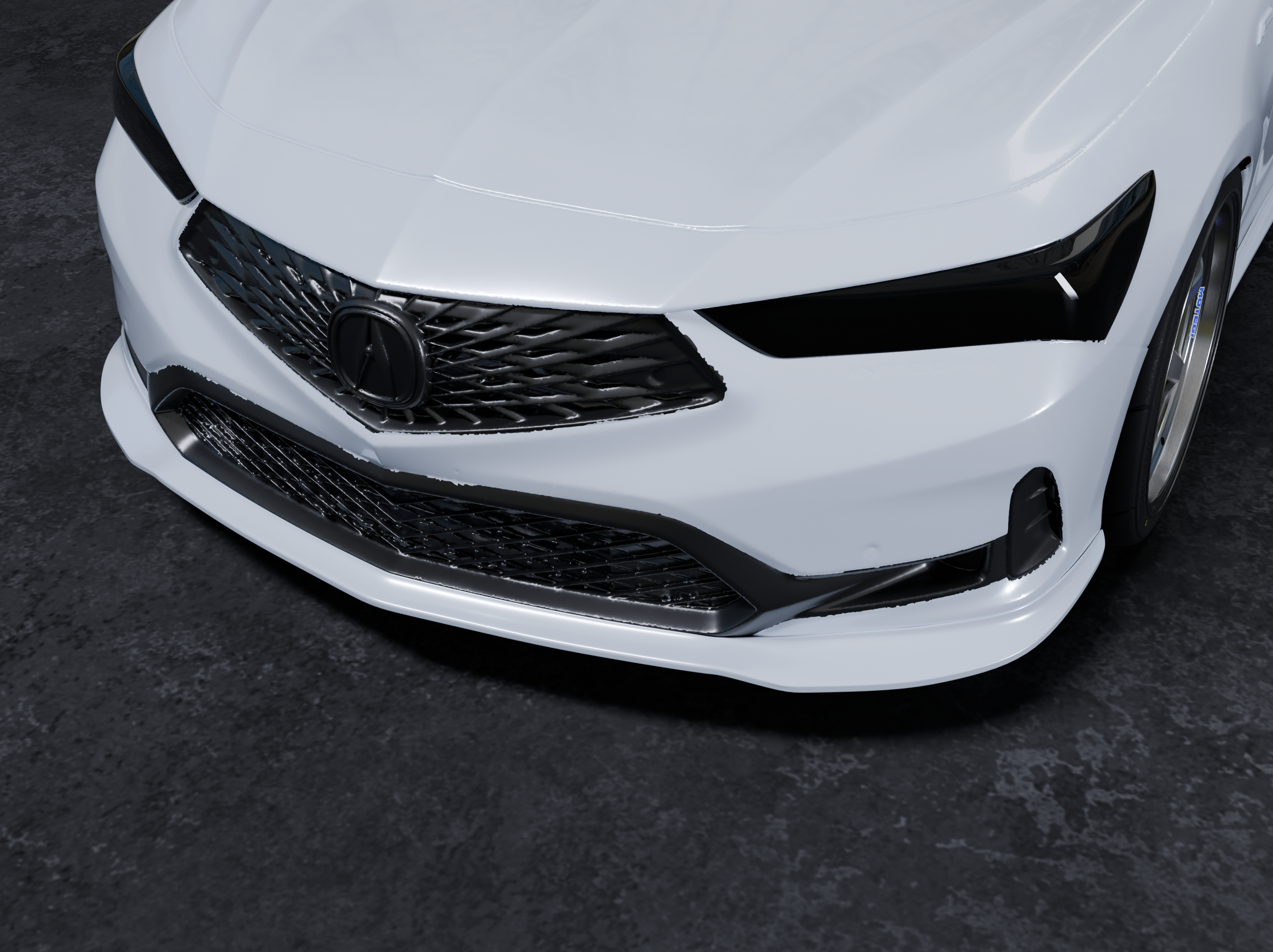 Close studio render of the front lip on a white Acura Integra