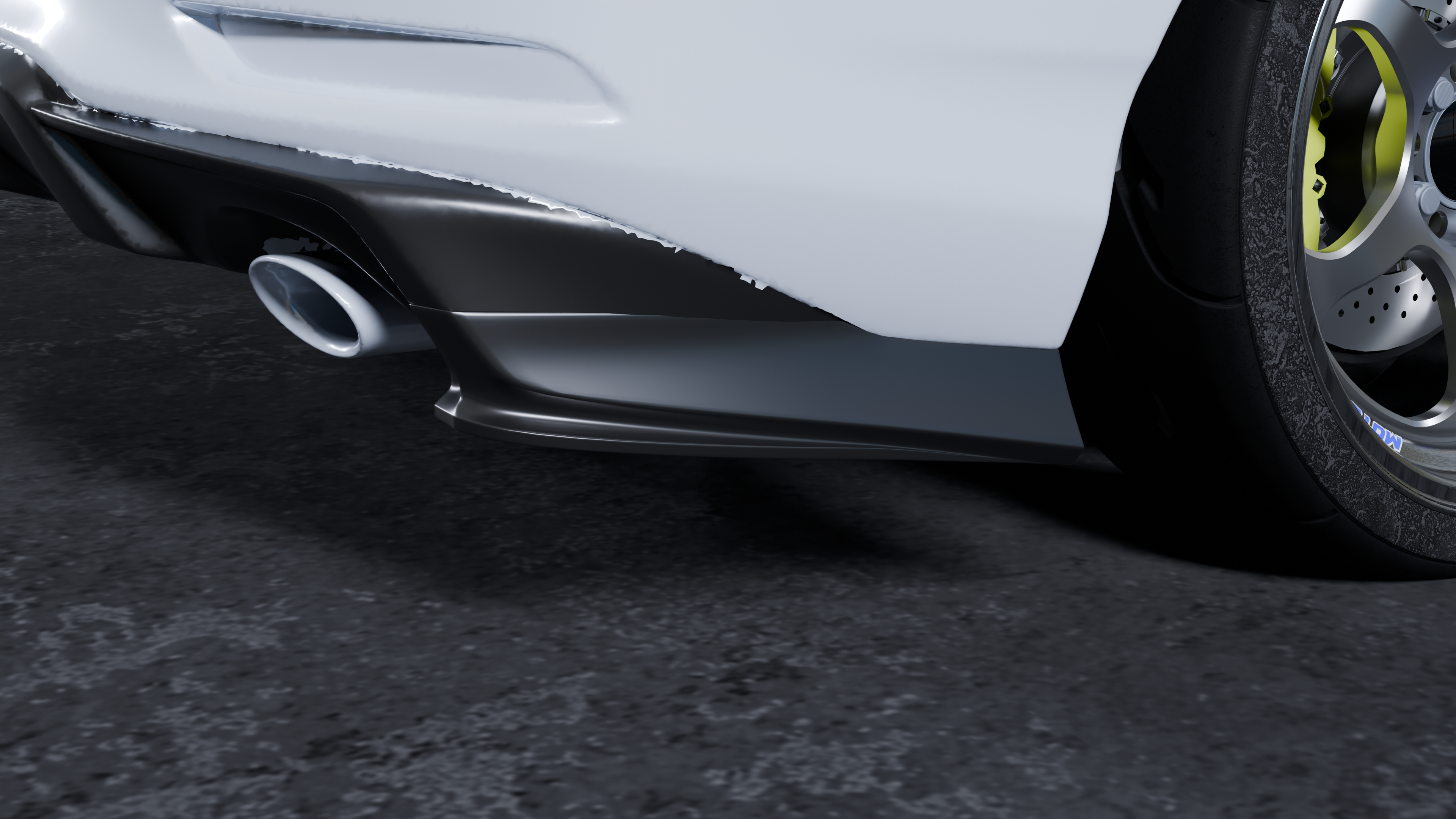 Close render of the rear spat beside the exhaust on an Acura Integra