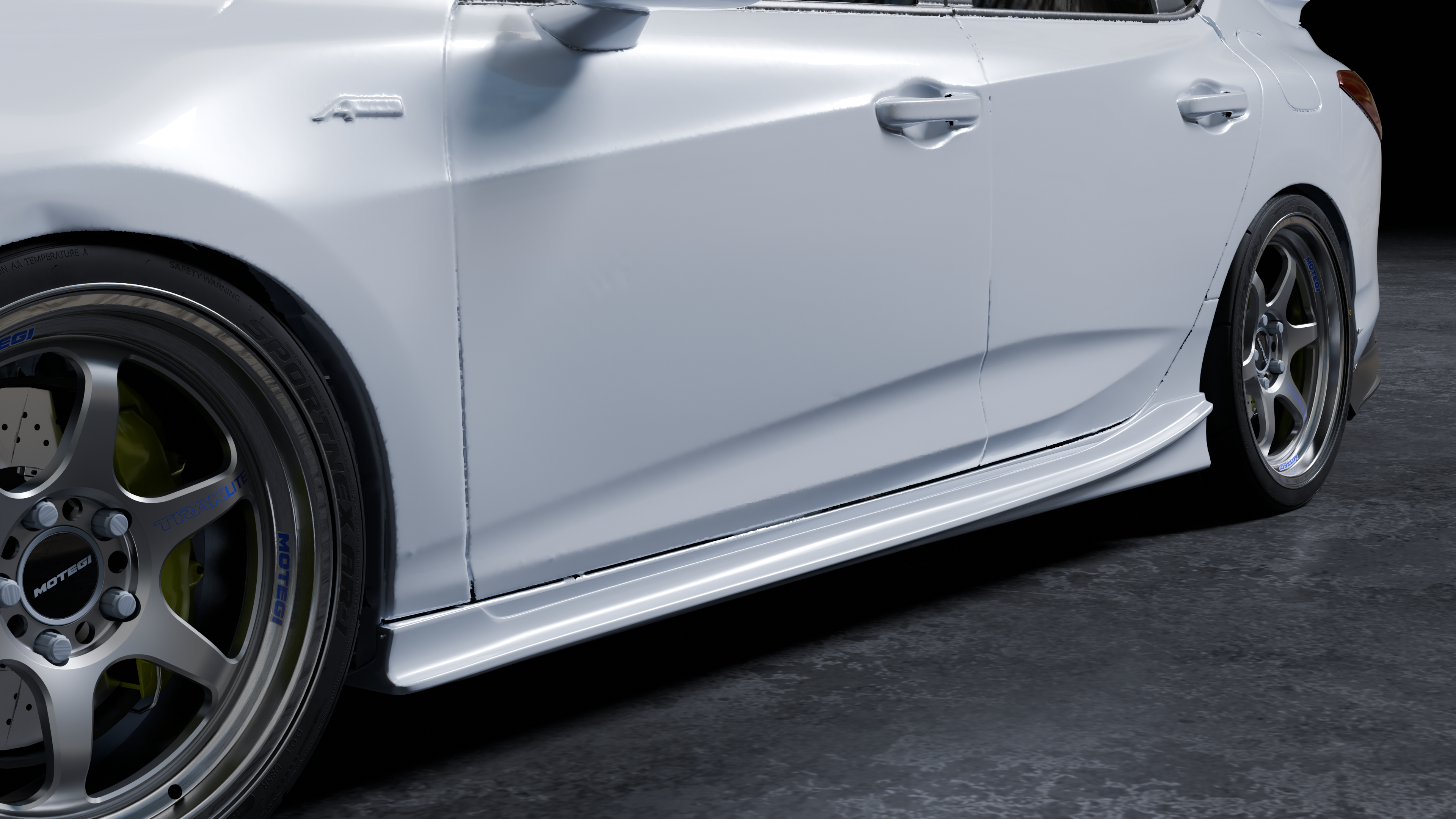 Render of the rear section of the Acura Integra side skirt behind the wheel