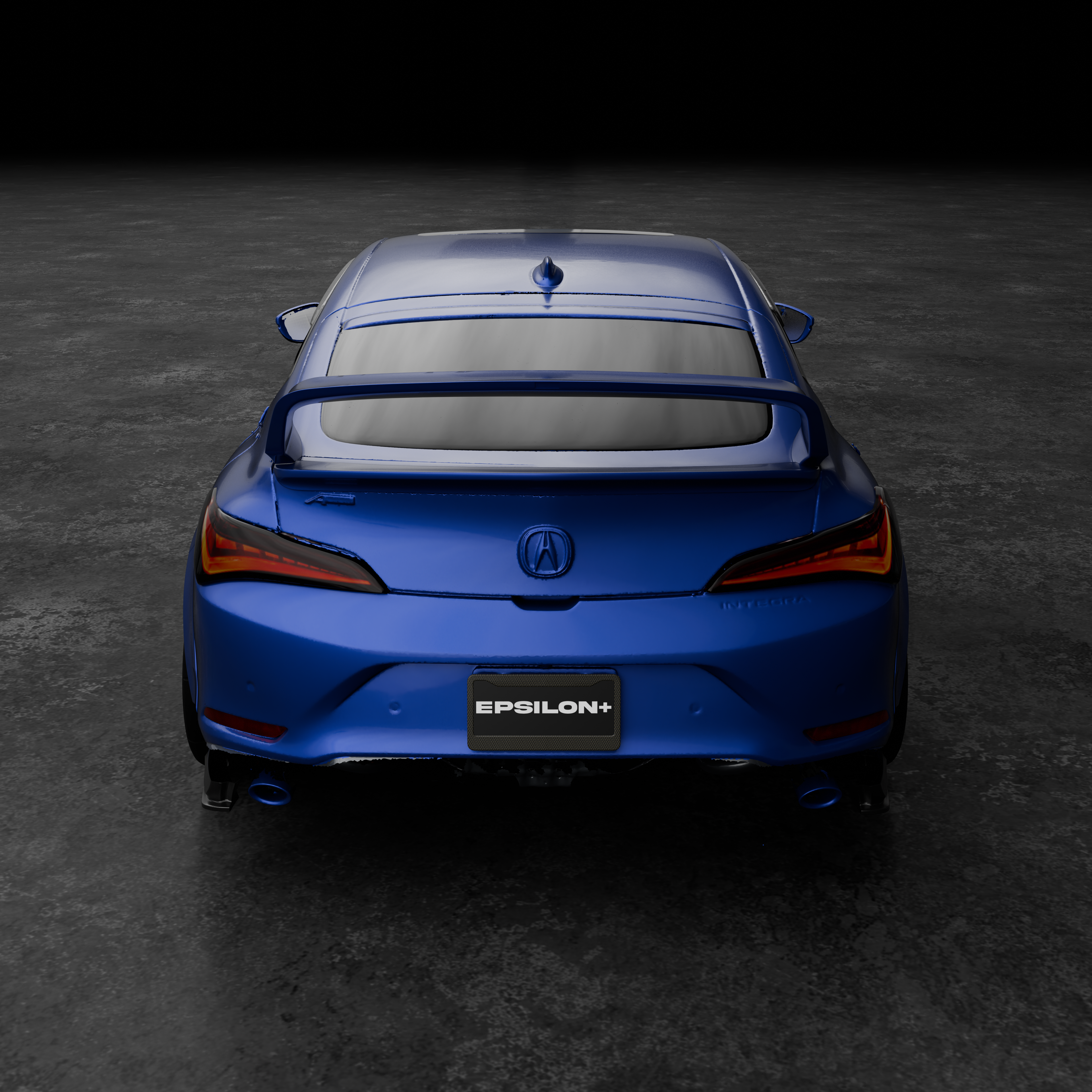 Rear-on studio render of a blue Acura Integra with the Sport Wing