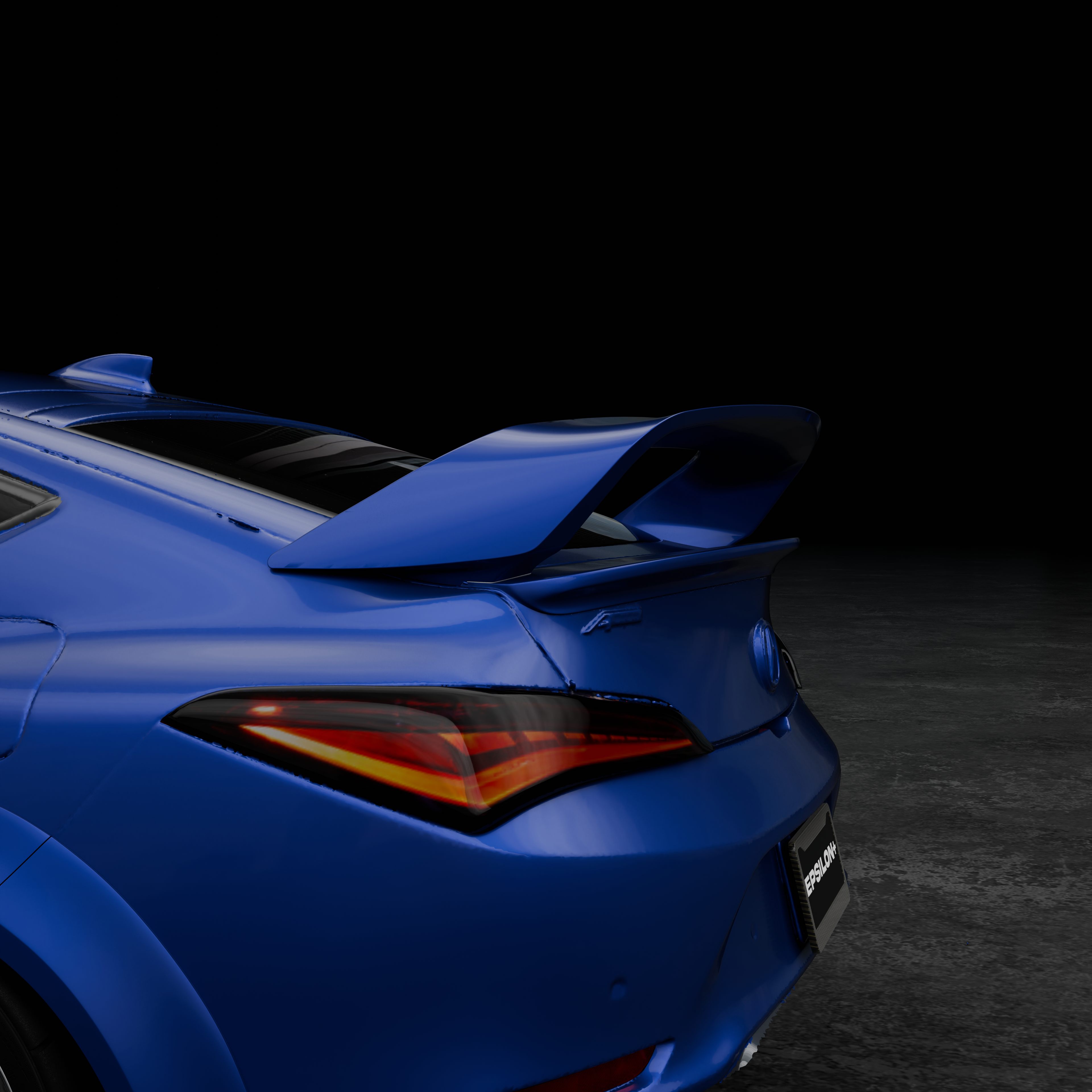 Studio render of a blue Acura Integra with the Sport Wing, rear three-quarter view