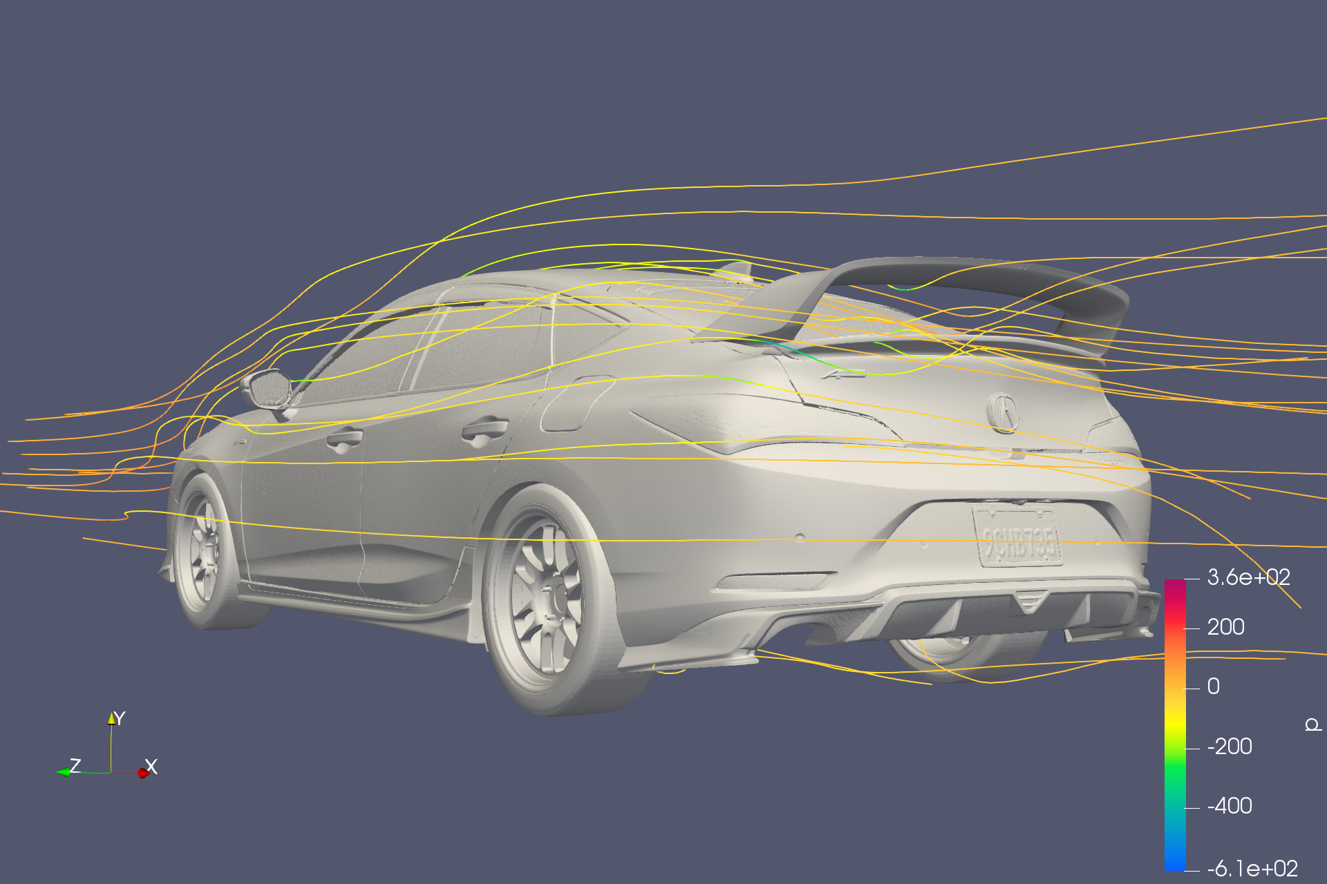 CFD airflow simulation showing rear streamlines over the Integra Sport Wing