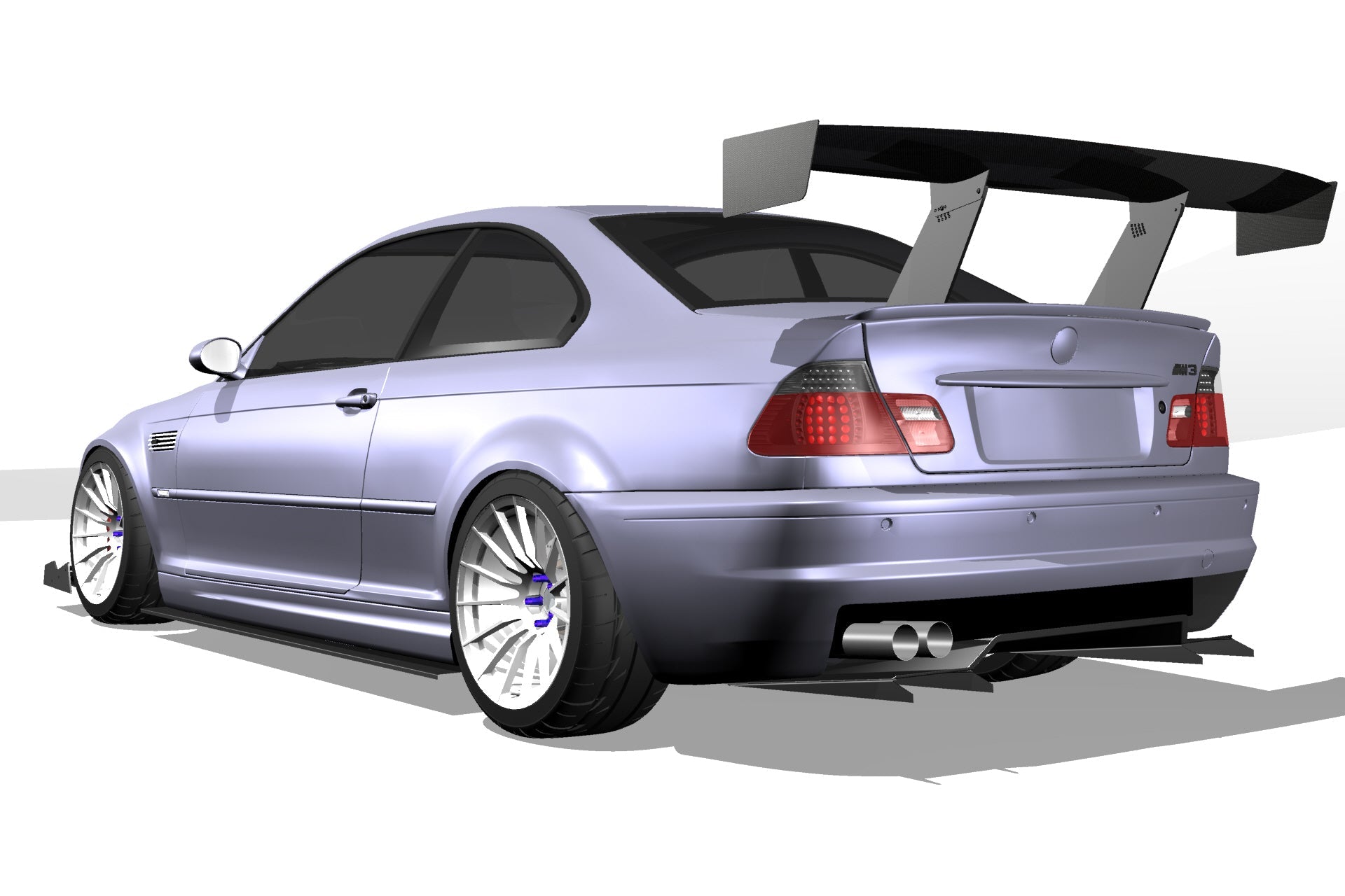 Rear three-quarter 3D render of a silver BMW E46 M3 Coupe with GT wing fitment