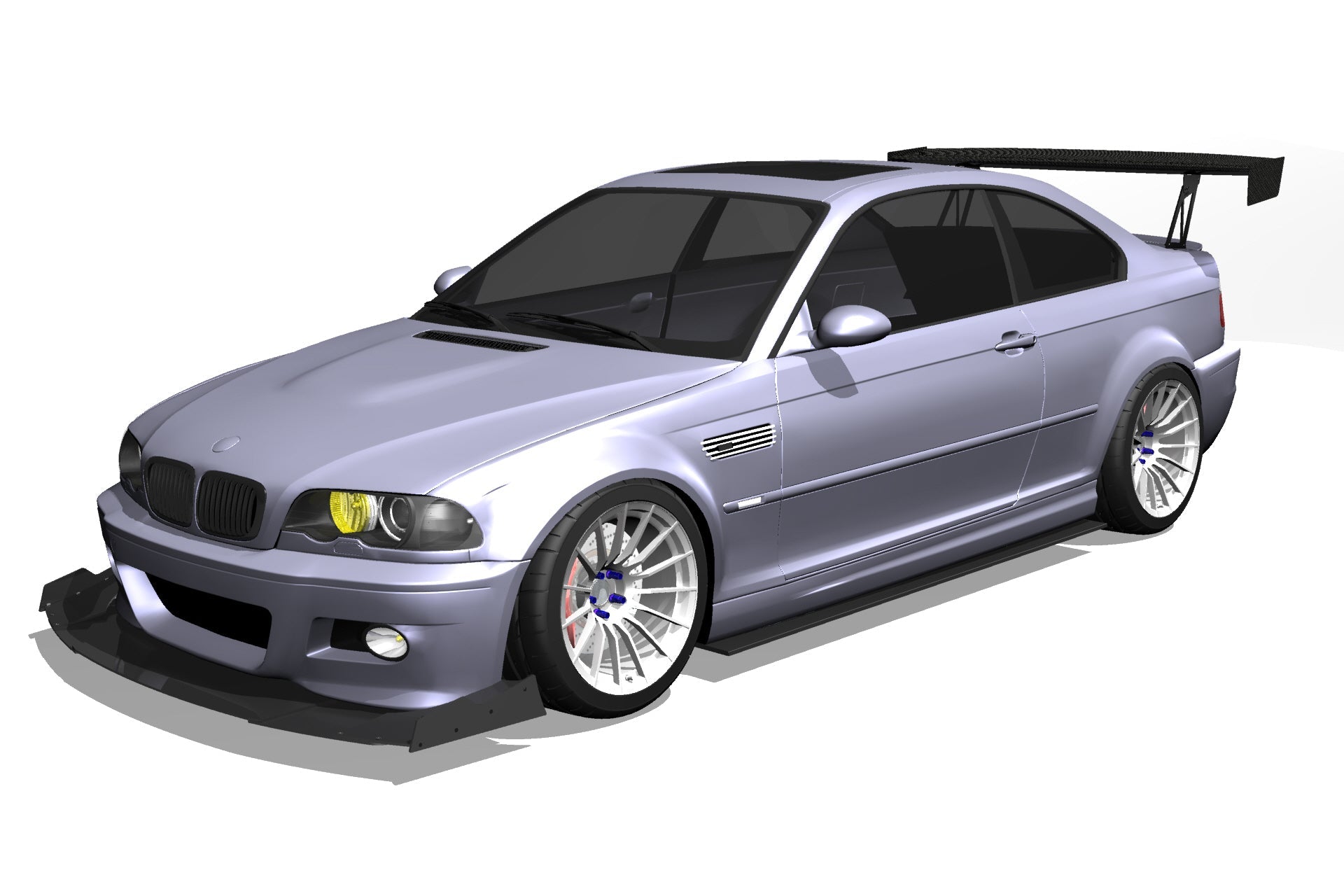 Front three-quarter 3D render of a silver BMW E46 M3 Coupe with GT wing fitment