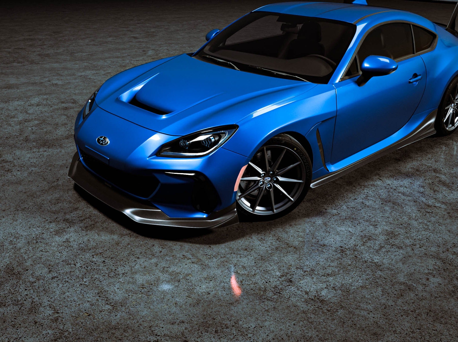 Close render of the front lip on a blue Subaru BRZ ZN8