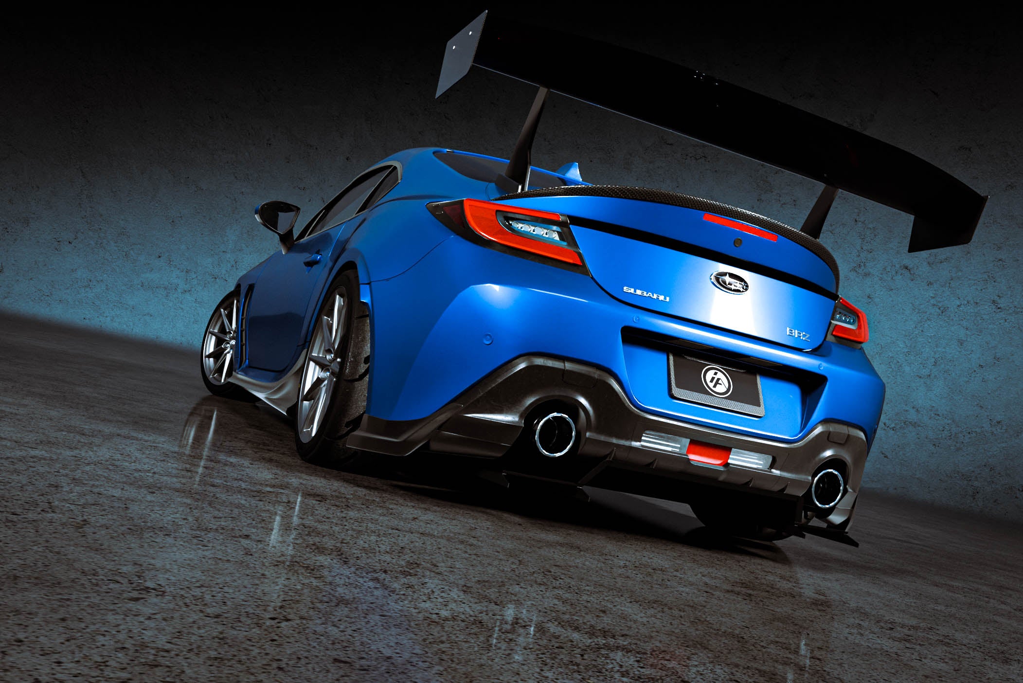 Rear-on render of a blue Subaru BRZ ZN8 with rear spats and diffuser