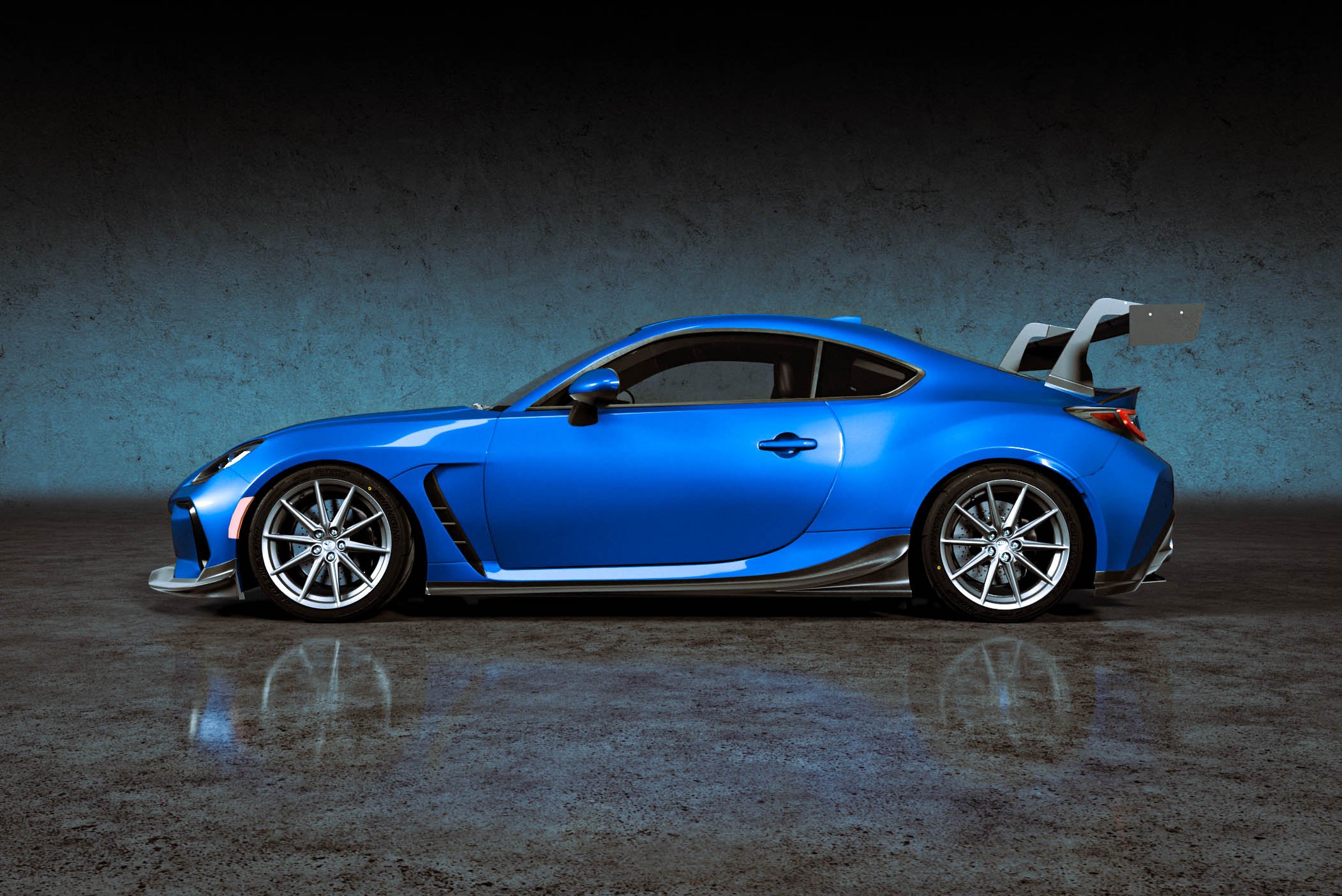 Side profile render of a Subaru BRZ ZN8 with black side skirts fitted