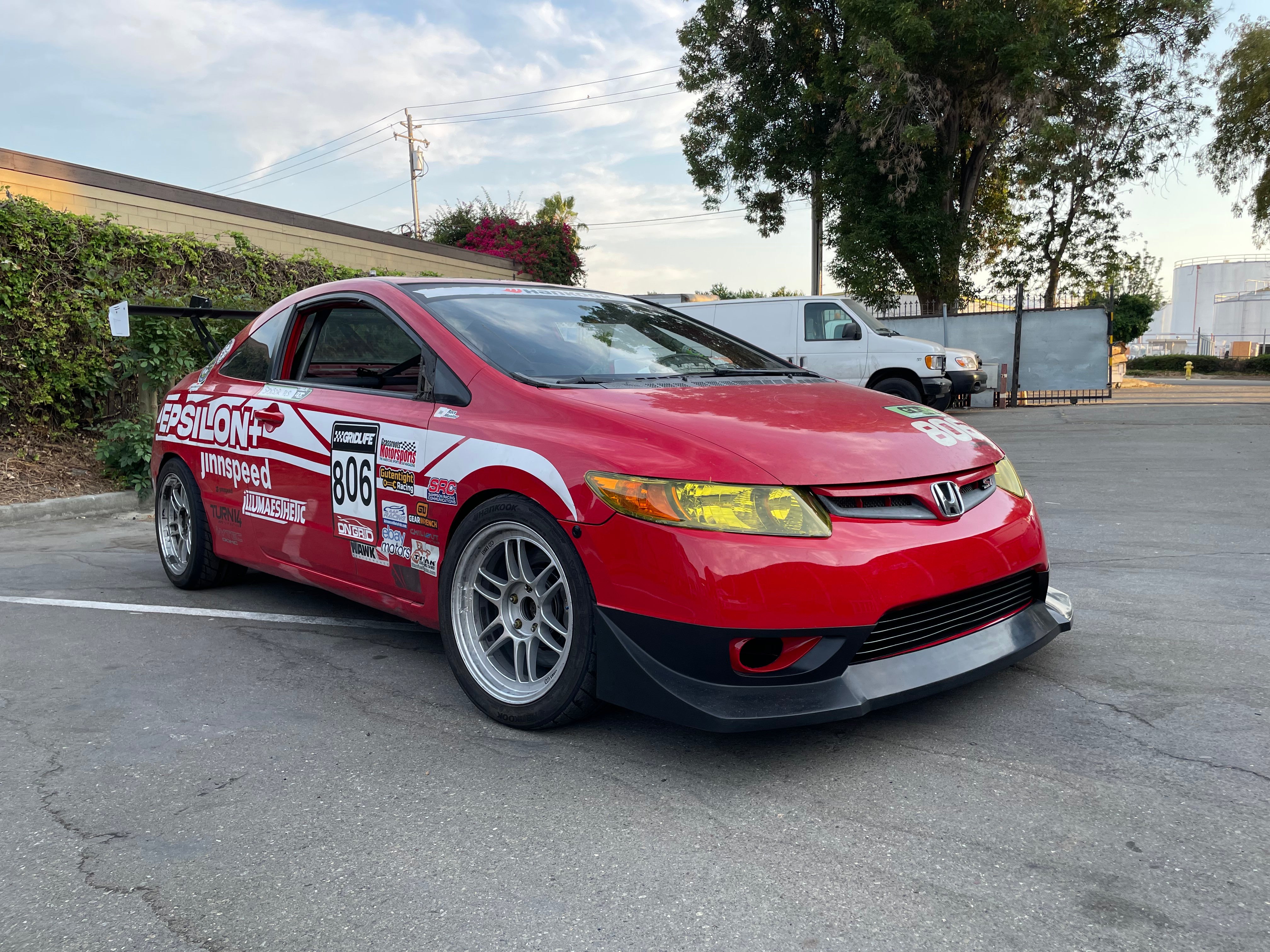 Red Civic Coupe FG2 with sponsor livery and the Epsilon+ front lip