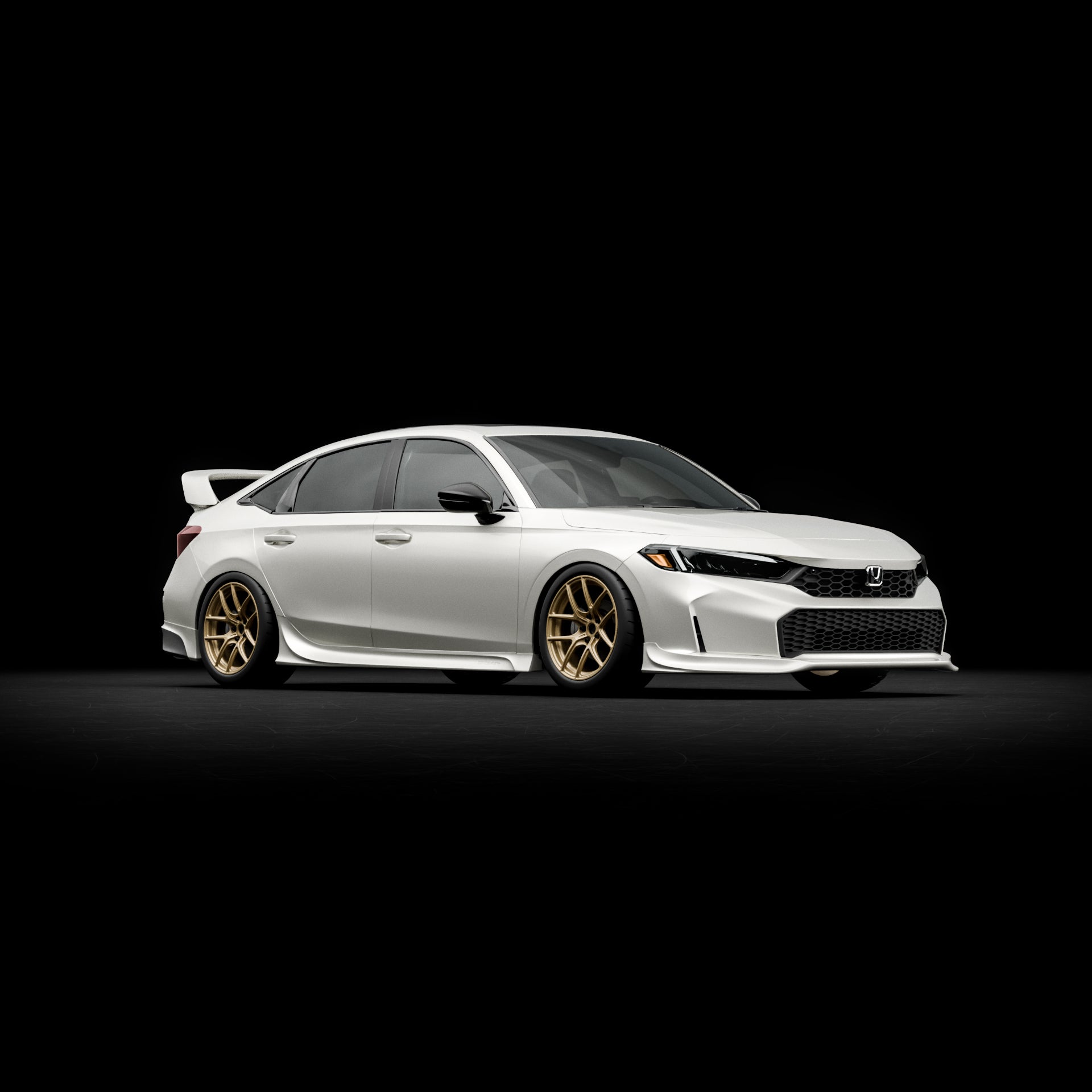 Side profile studio render of a white Honda Civic Sedan with the Epsilon+ front lip