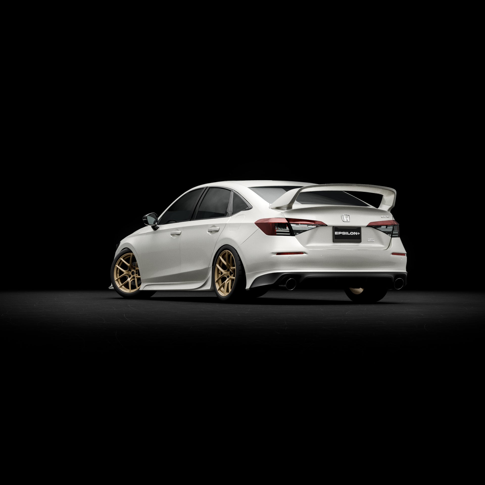 Rear three-quarter render of a white Honda Civic Sedan with the Epsilon+ rear lip