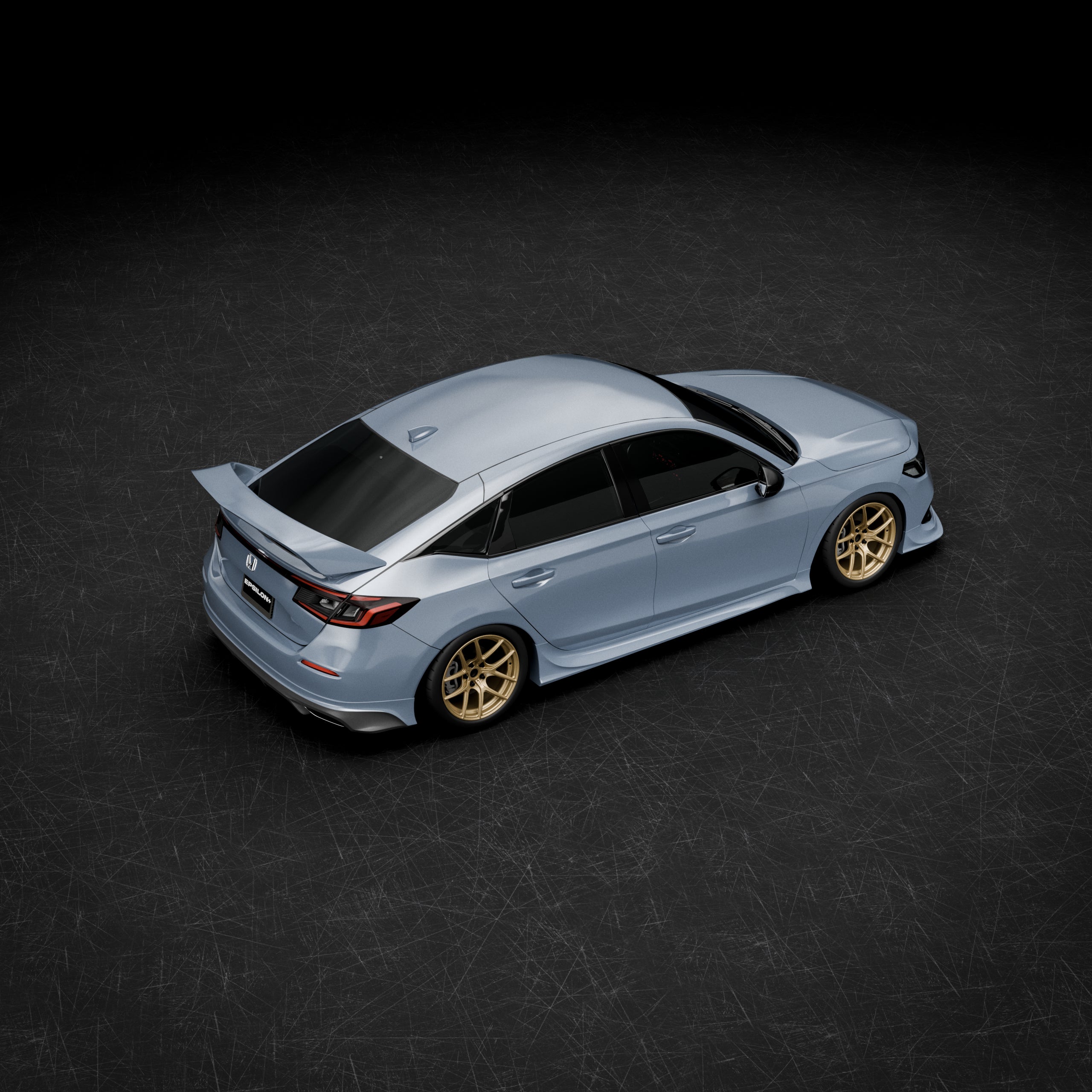 Elevated rear three-quarter render of a Honda Civic Hatchback FL with the Epsilon+ rear lip