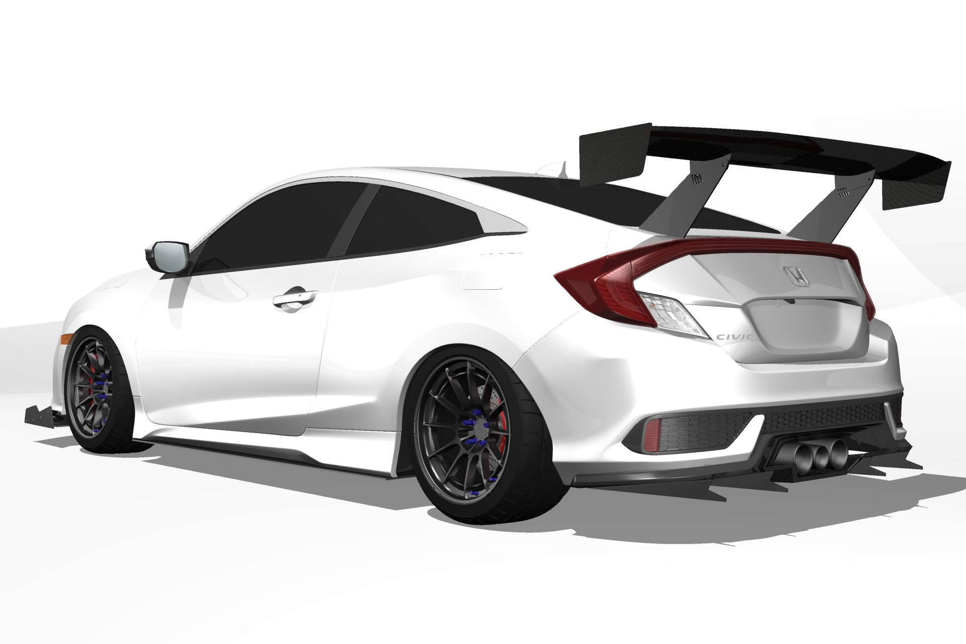 Rear three-quarter 3D render of a white Civic Si Coupe FC3 with GT wing fitment