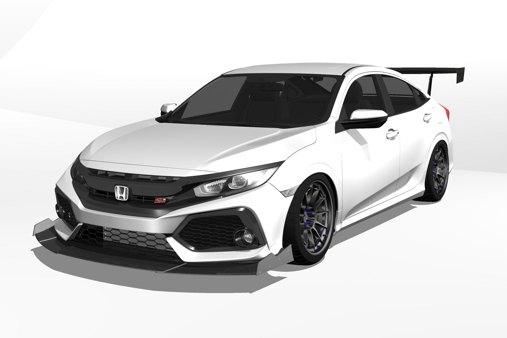 Front three-quarter 3D render of a white Civic Si Sedan FC1 with GT wing fitment
