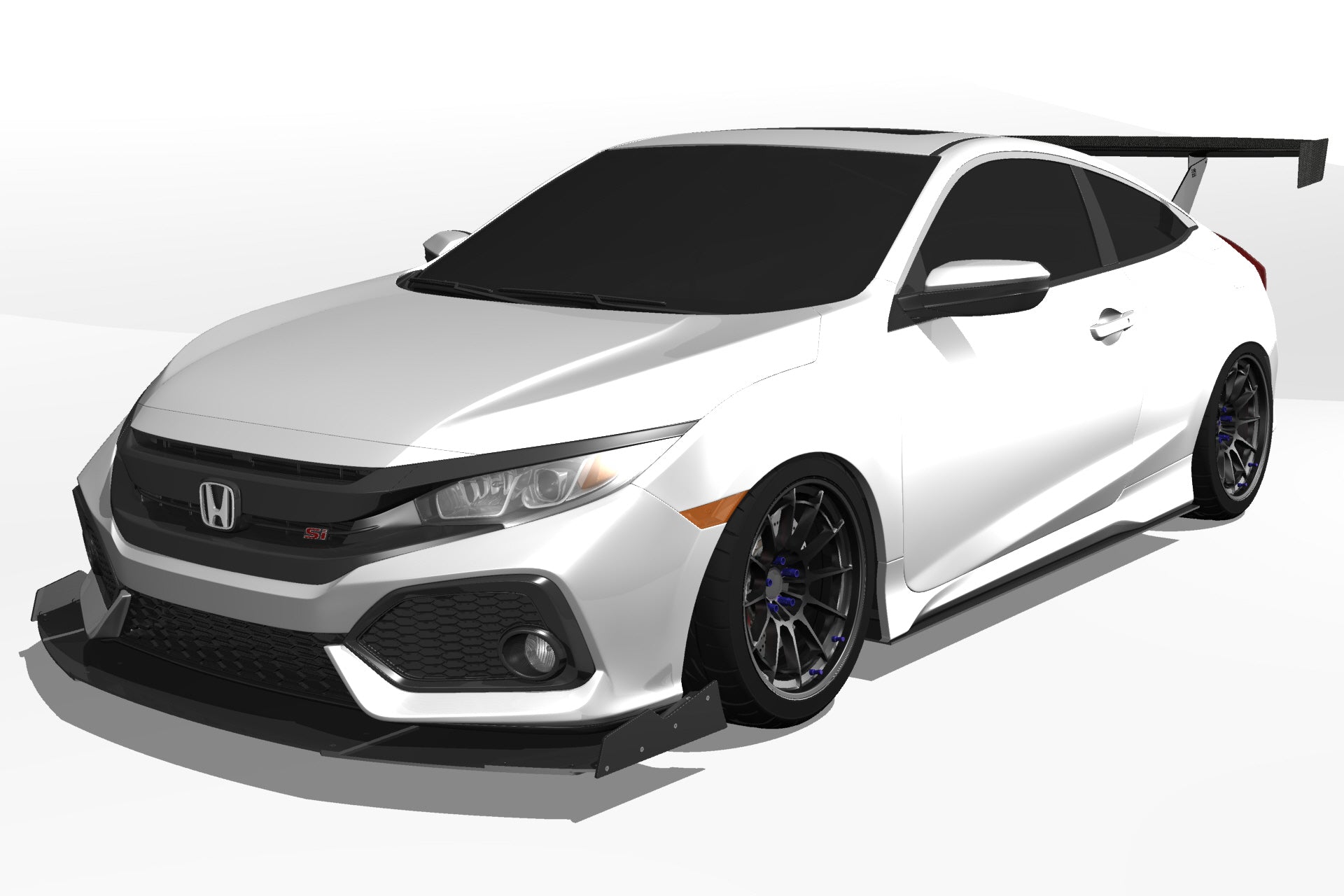 Front three-quarter 3D render of a white Civic Si Coupe FC3 with GT wing fitment