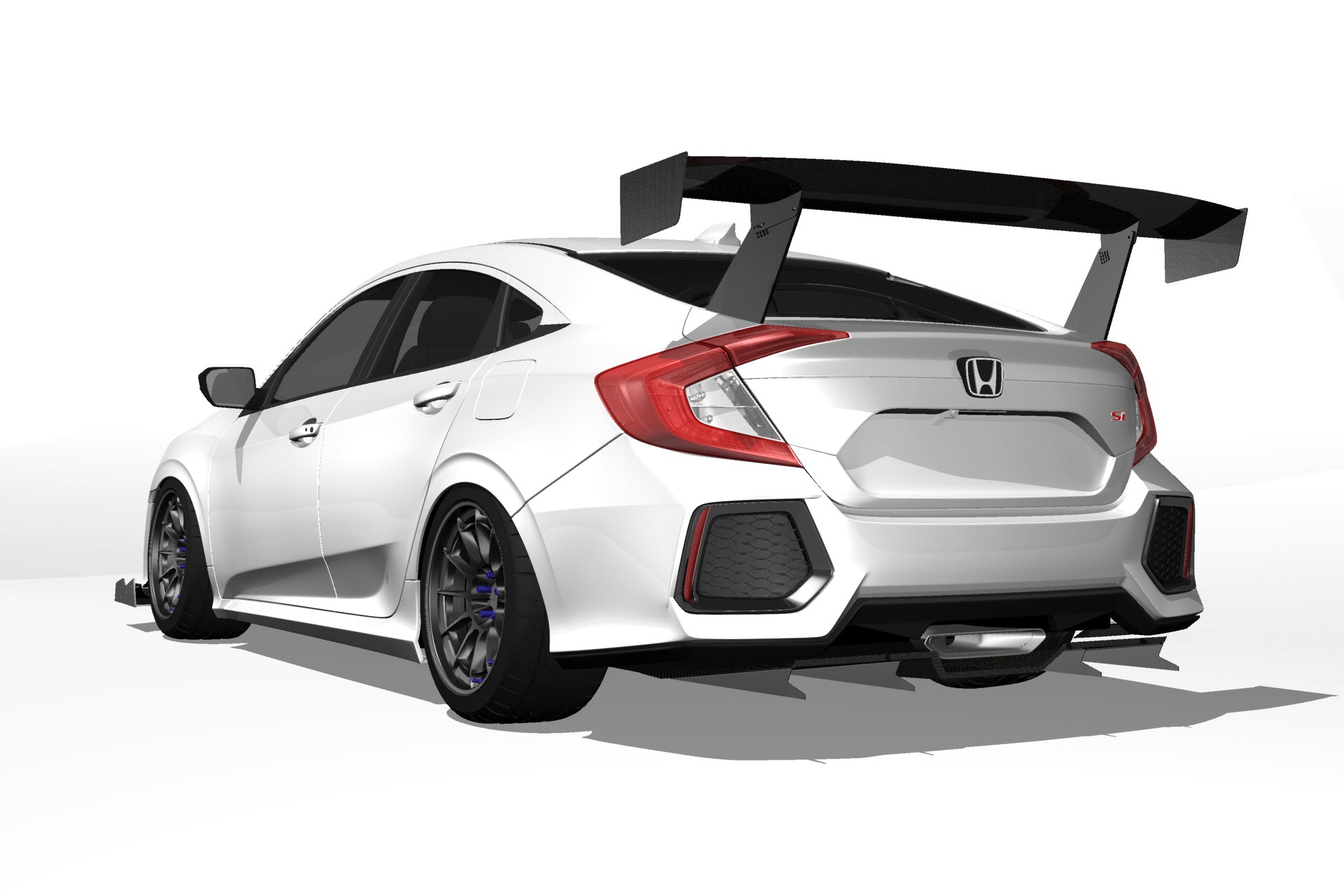 Rear three-quarter 3D render of a silver Civic Si Sedan FC1 with GT wing fitment