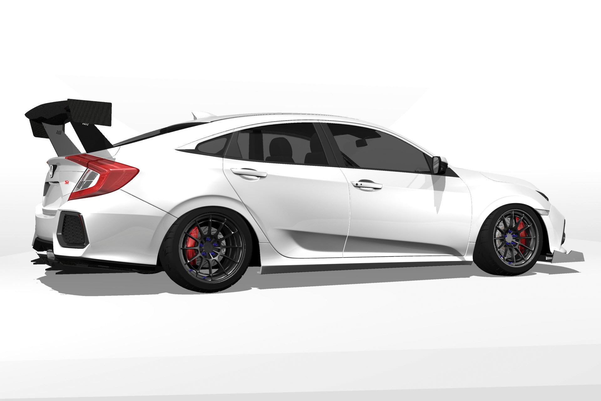 Side 3D render of a white Civic Si Sedan FC1 showing the GT wing profile