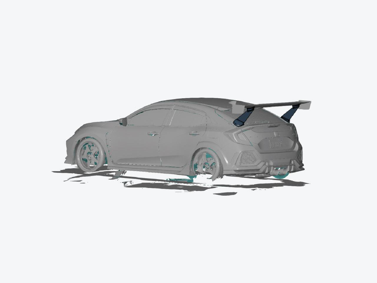 Rear three-quarter 3D render showing GT wing mesh and mounting hardware detail