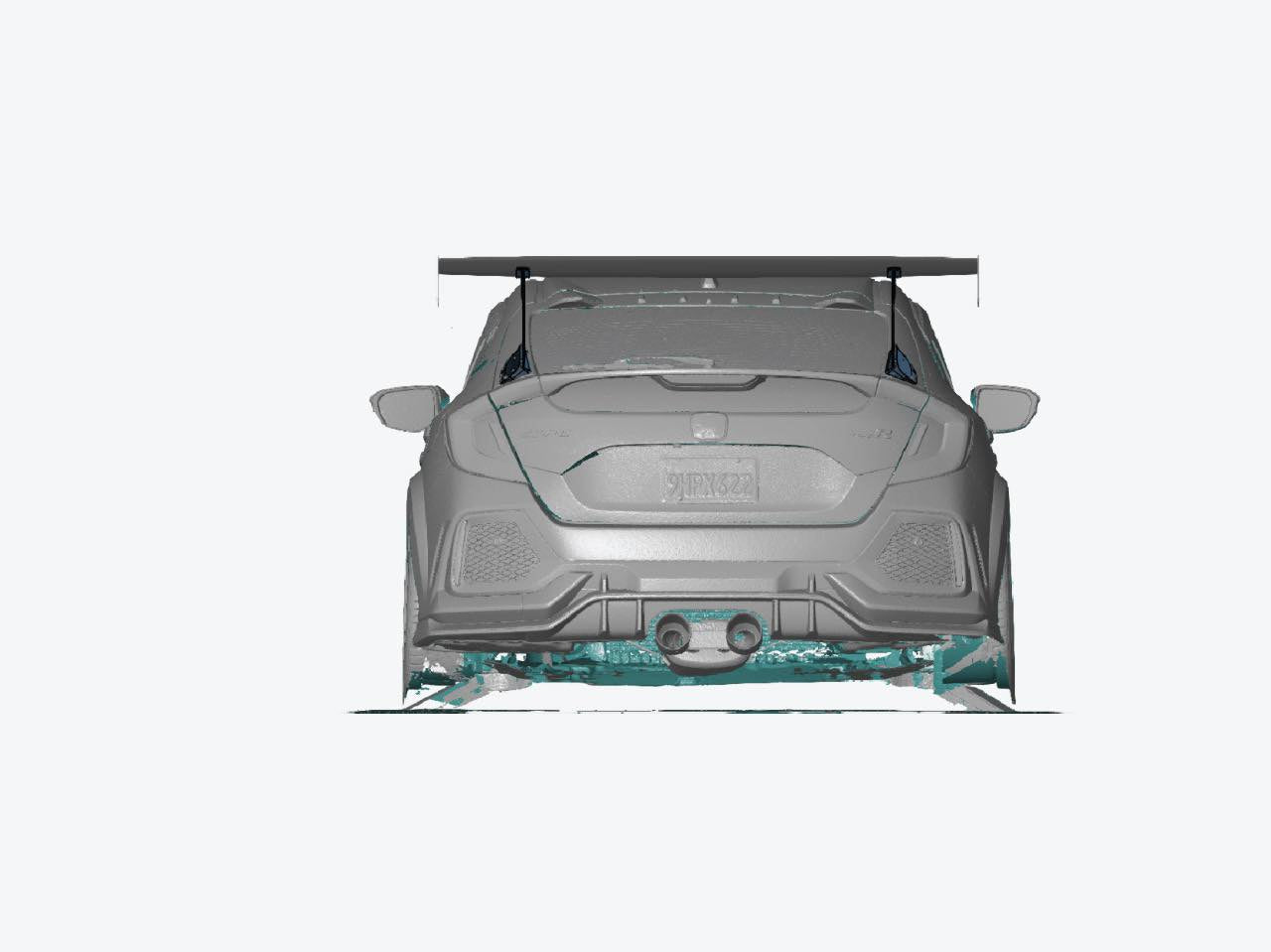Rear-view 3D render of the Civic Type R with GT wing and underside mounting detail