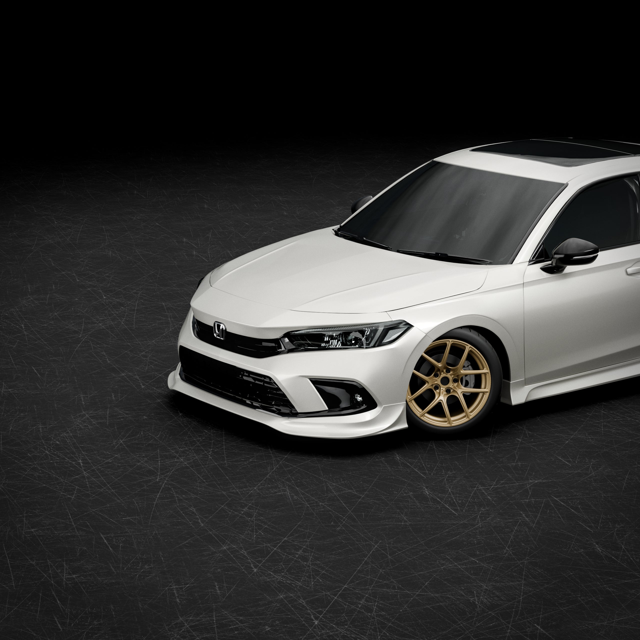 Elevated front three-quarter render of a white Honda Civic with front lip