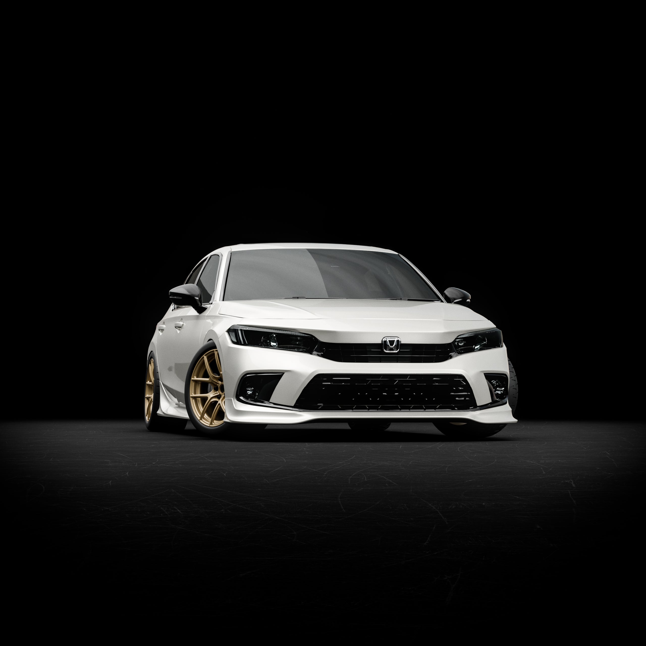 Front-on render of a white Honda Civic with the Epsilon+ front lip