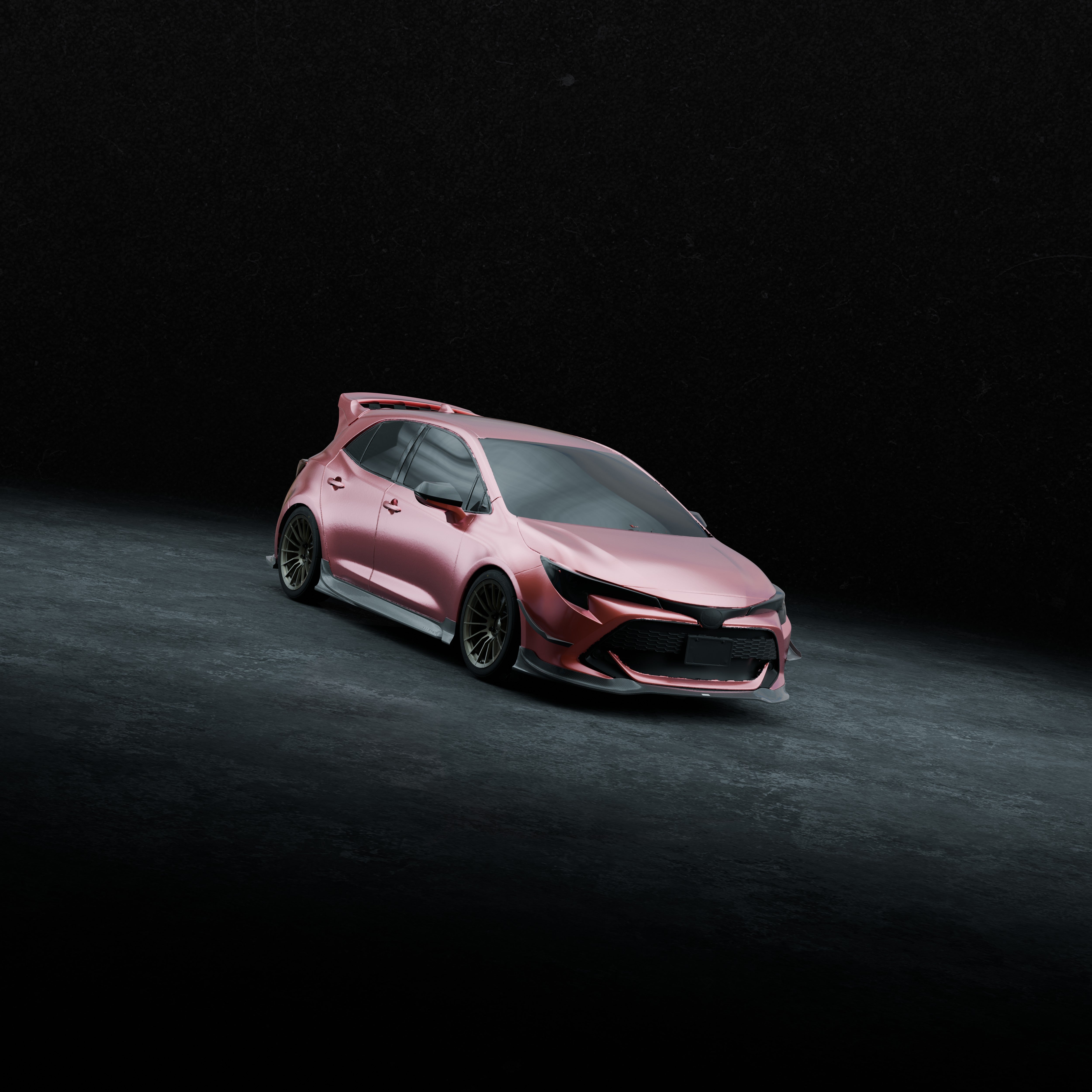 Front studio render of a pink Corolla Hatchback showing the Epsilon+ front lip profile